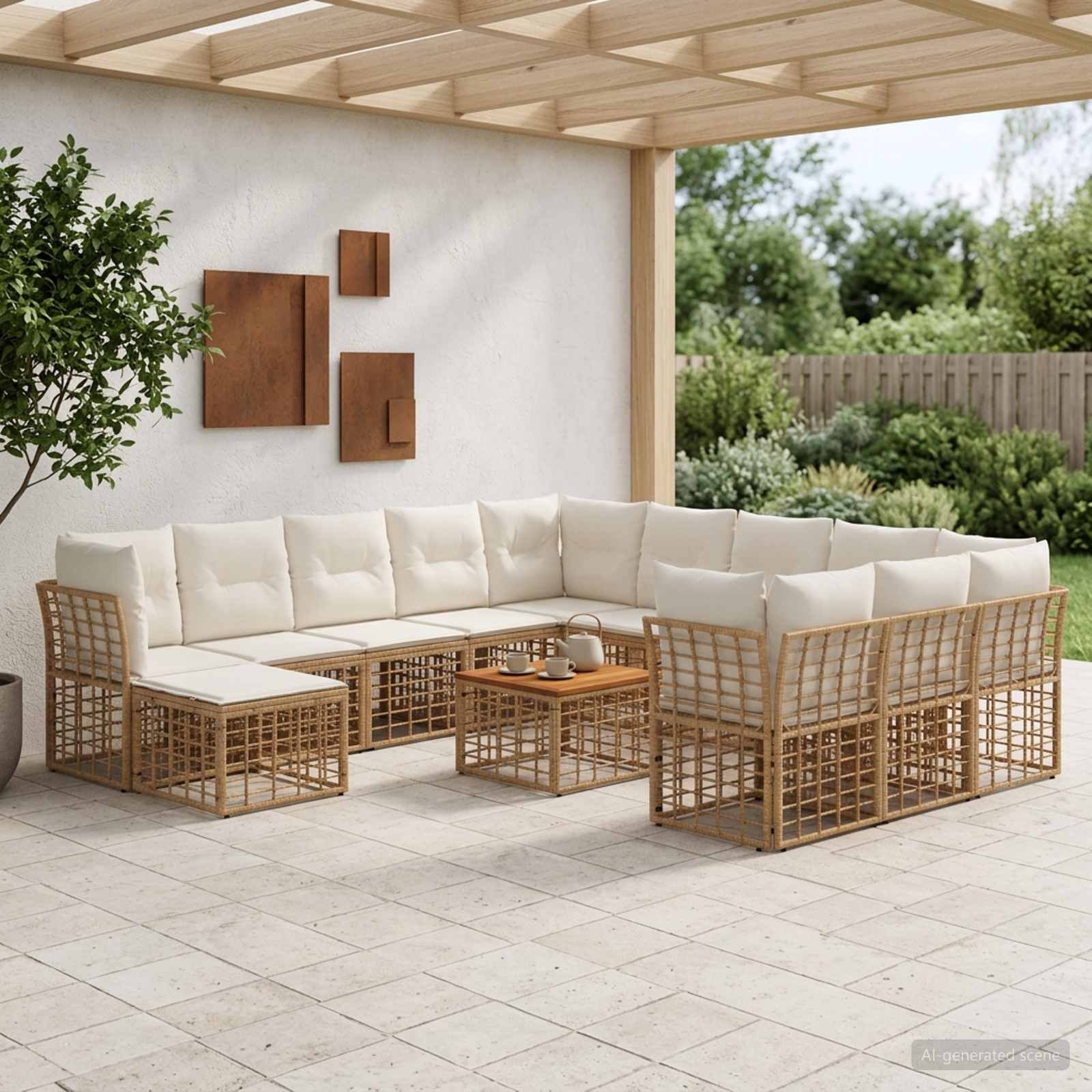 Outdoor-Sofagarnitur 13 pcs Natürlich und Cremweiß Polyester