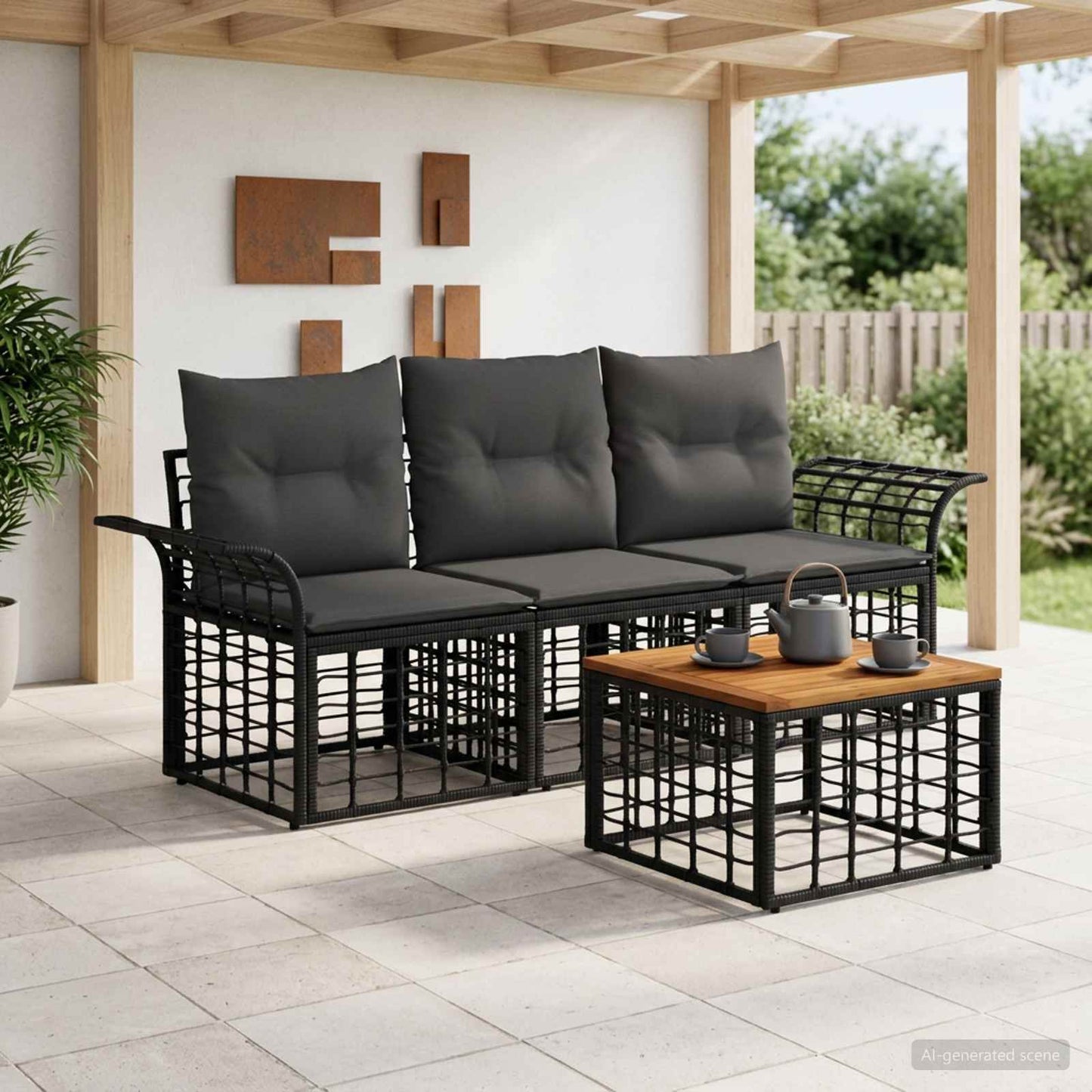 Outdoor-Sofagarnitur 4 stk. Schwarz und Dunkelgrau Polyester