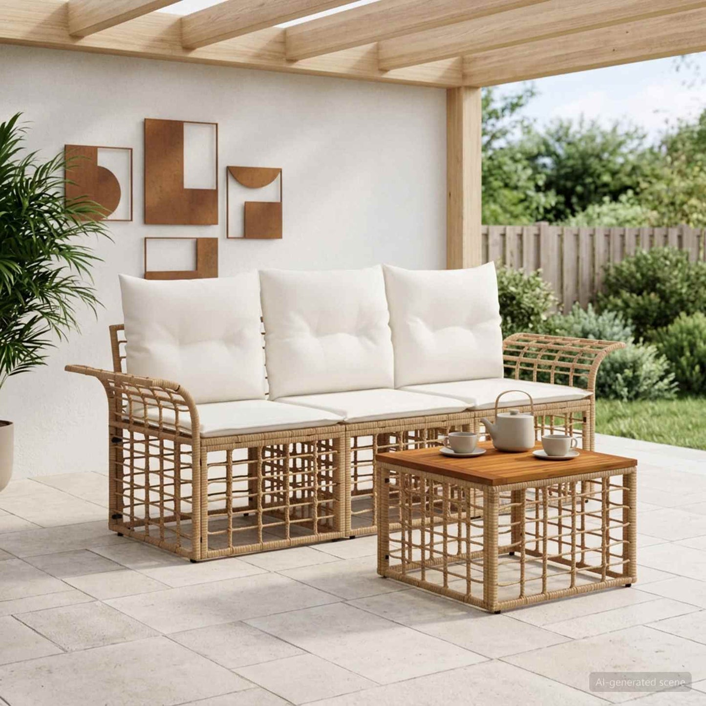 Outdoor-Sofagarnitur 4 pcs Natürlich und Cremweiß Polyester