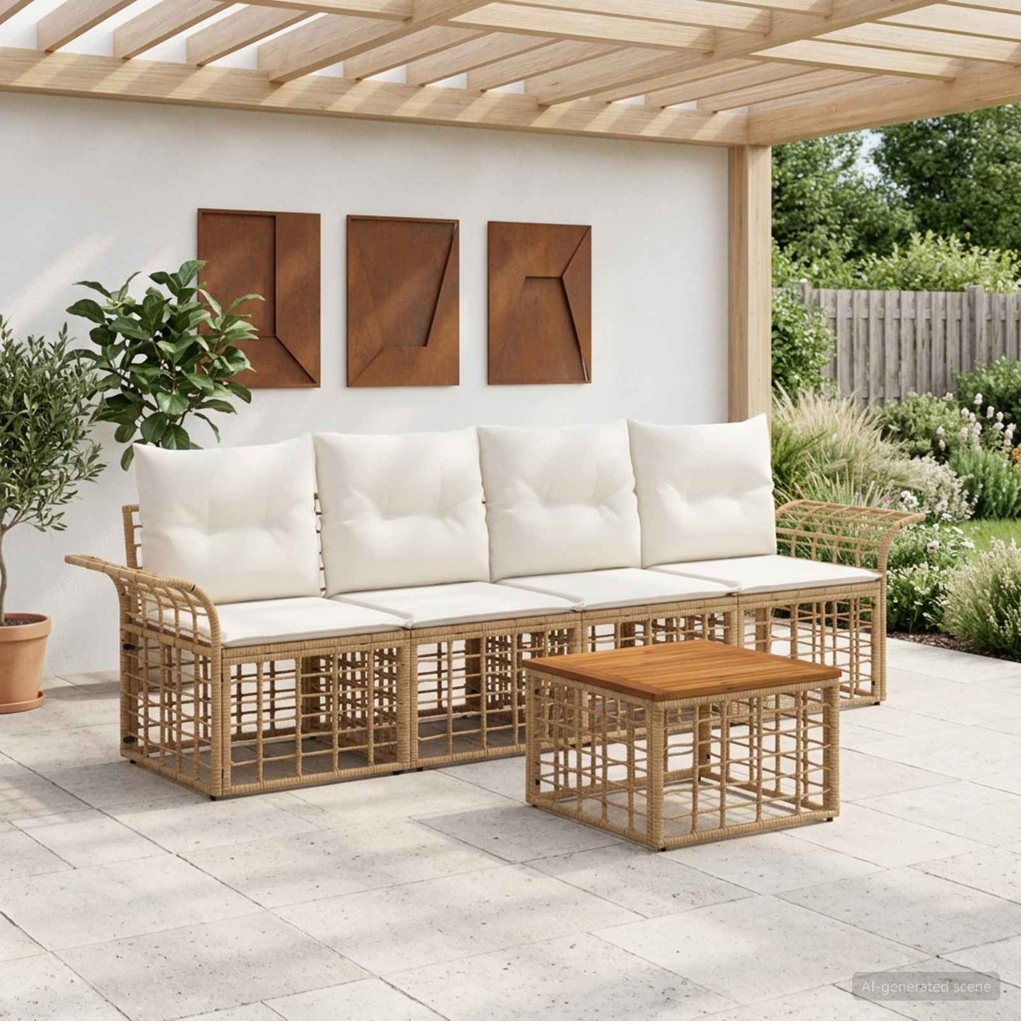 Outdoor-Sofagarnitur 5 pcs Natürlich und Cremweiß Polyester