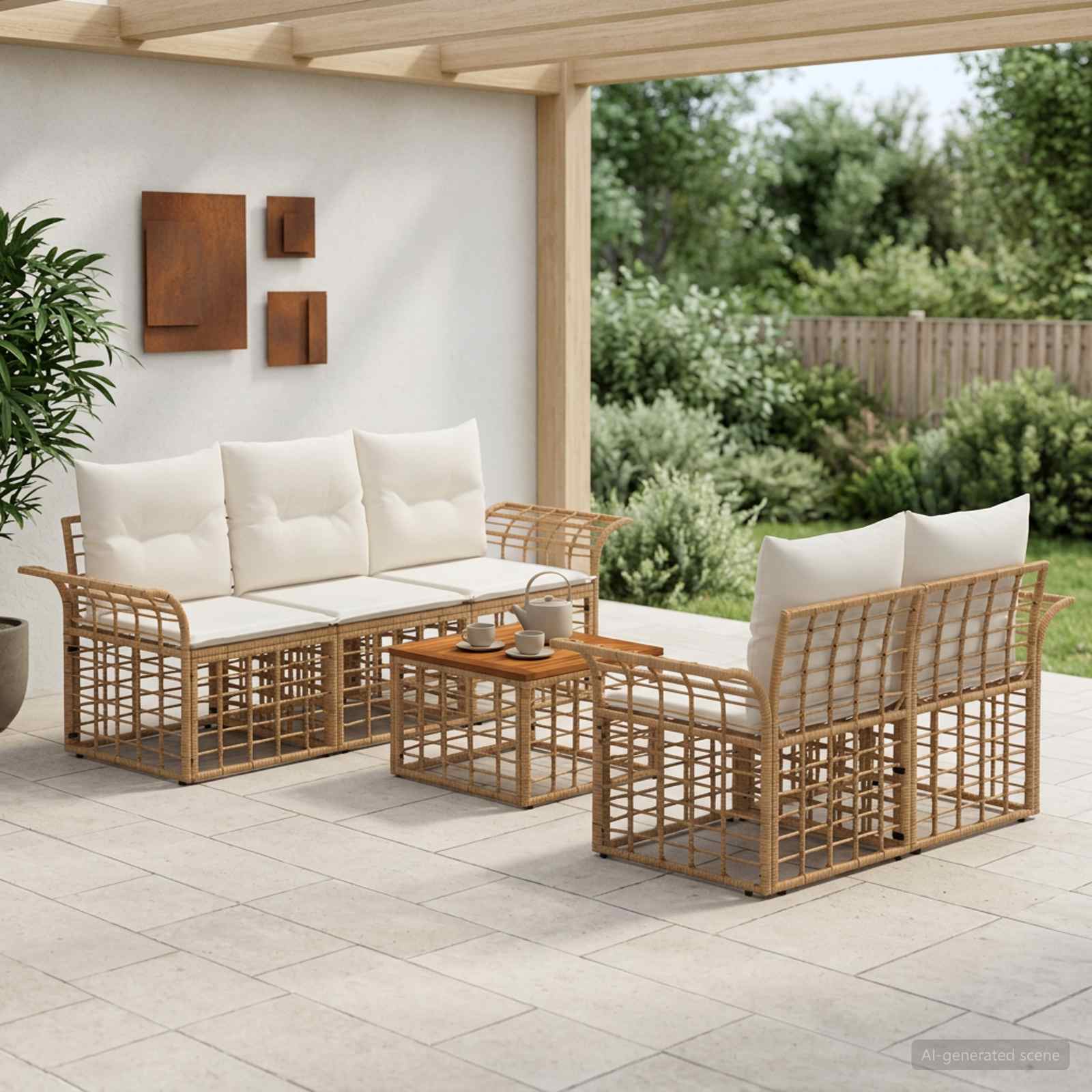 Outdoor-Sofagarnitur 6 stk. Natürlich und Cremweiß Poly-Rattan