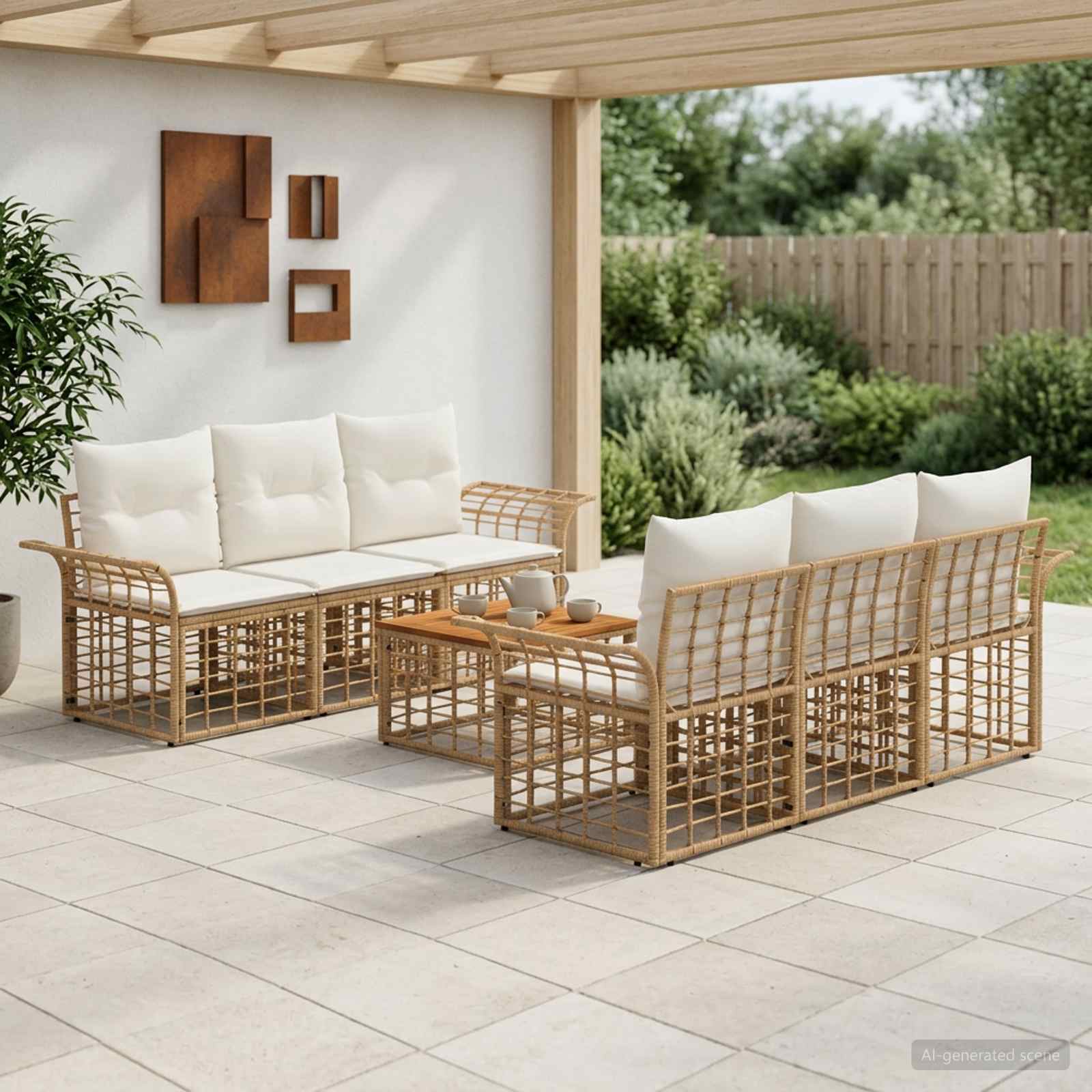 Outdoor-Sofagarnitur 7 stk. Natürlich und Cremweiß Poly-Rattan