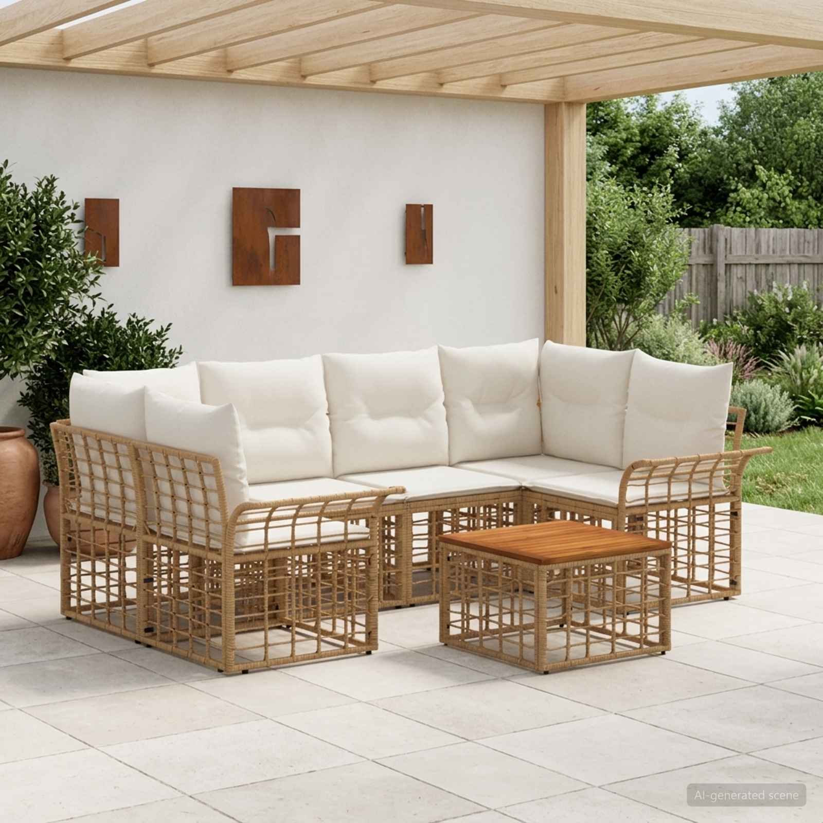 Outdoor-Sofagarnitur 7 stk. Natürlich und Cremweiß Poly-Rattan