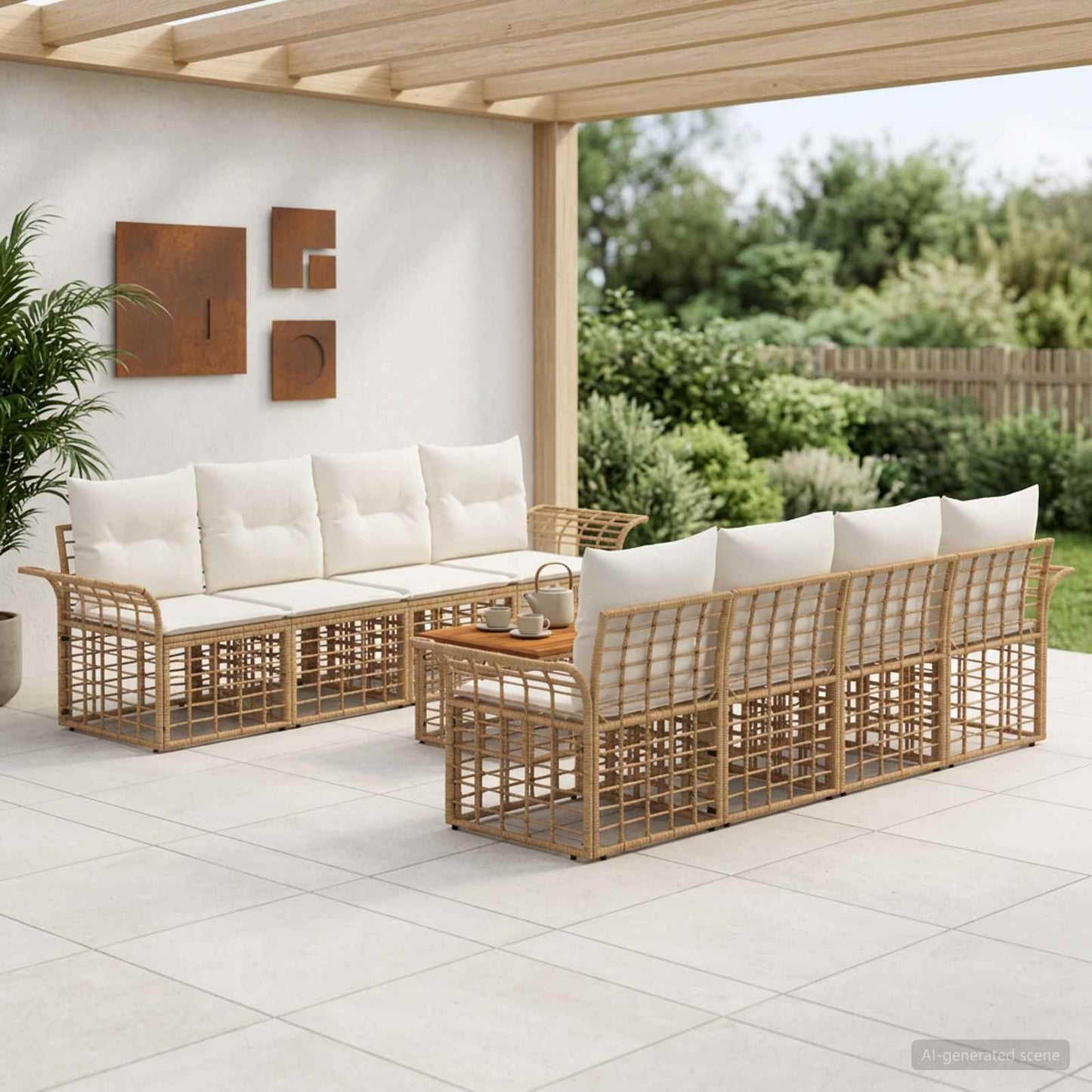 Outdoor-Sofagarnitur 9 stk. Natürlich und Cremweiß Poly-Rattan