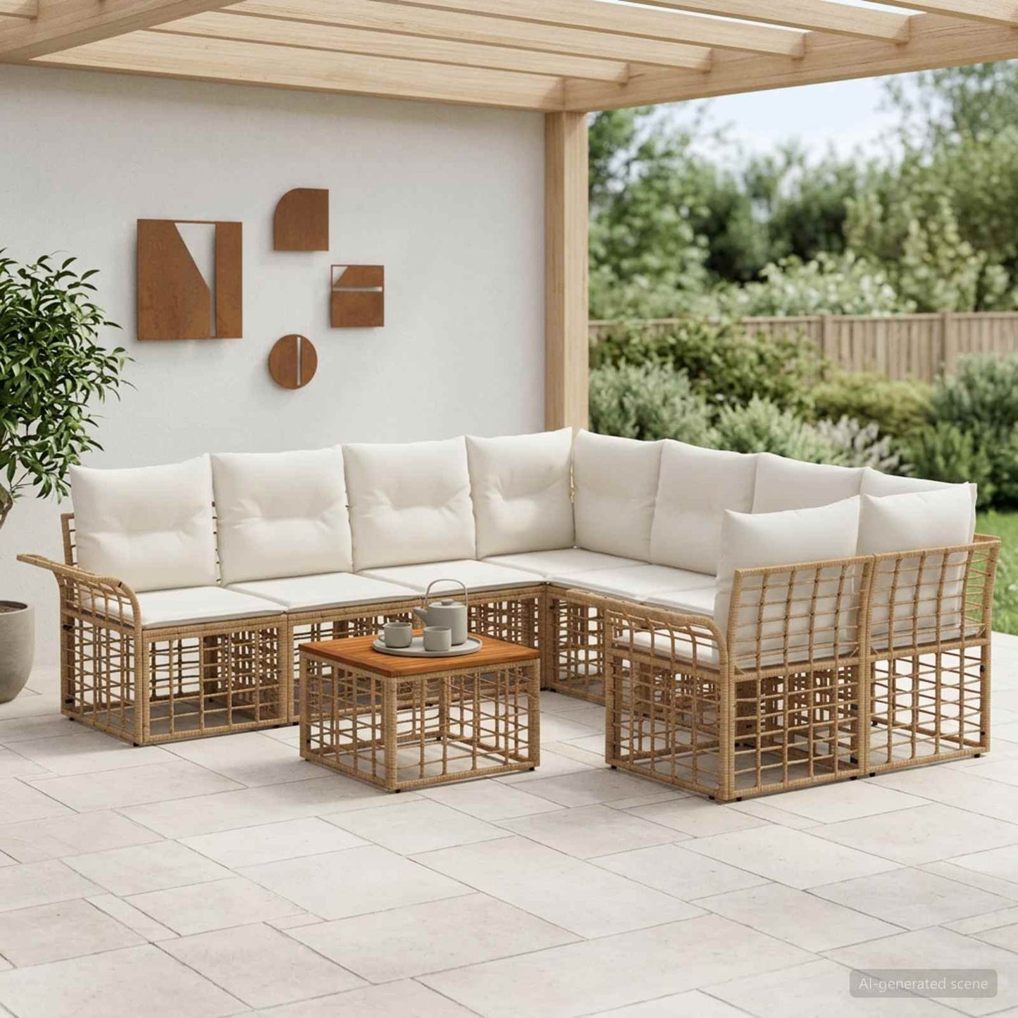 Outdoor-Sofagarnitur 9 stk. Natürlich und Cremweiß Poly-Rattan