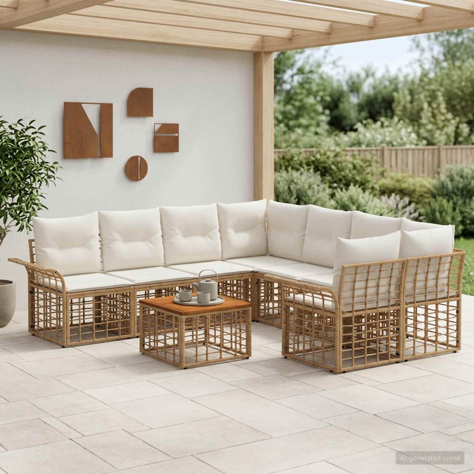 Outdoor-Sofagarnitur 9 stk. Natürlich und Cremweiß Poly-Rattan