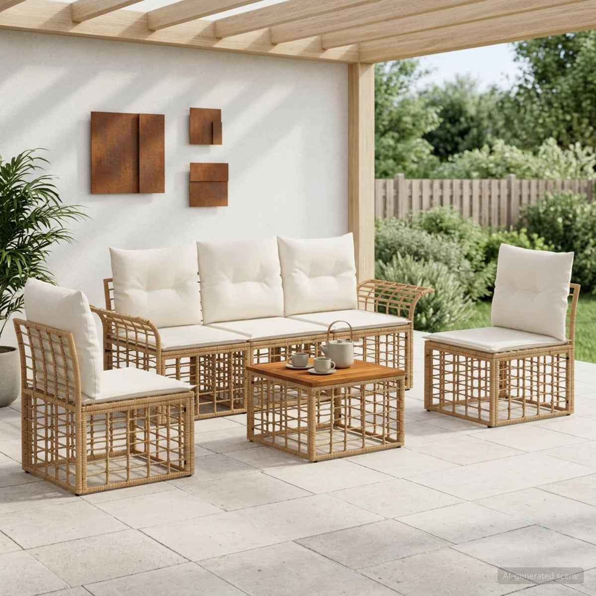 Outdoor-Sofagarnitur 6 stk. 5-Sitzer Natur und Cremeweiß