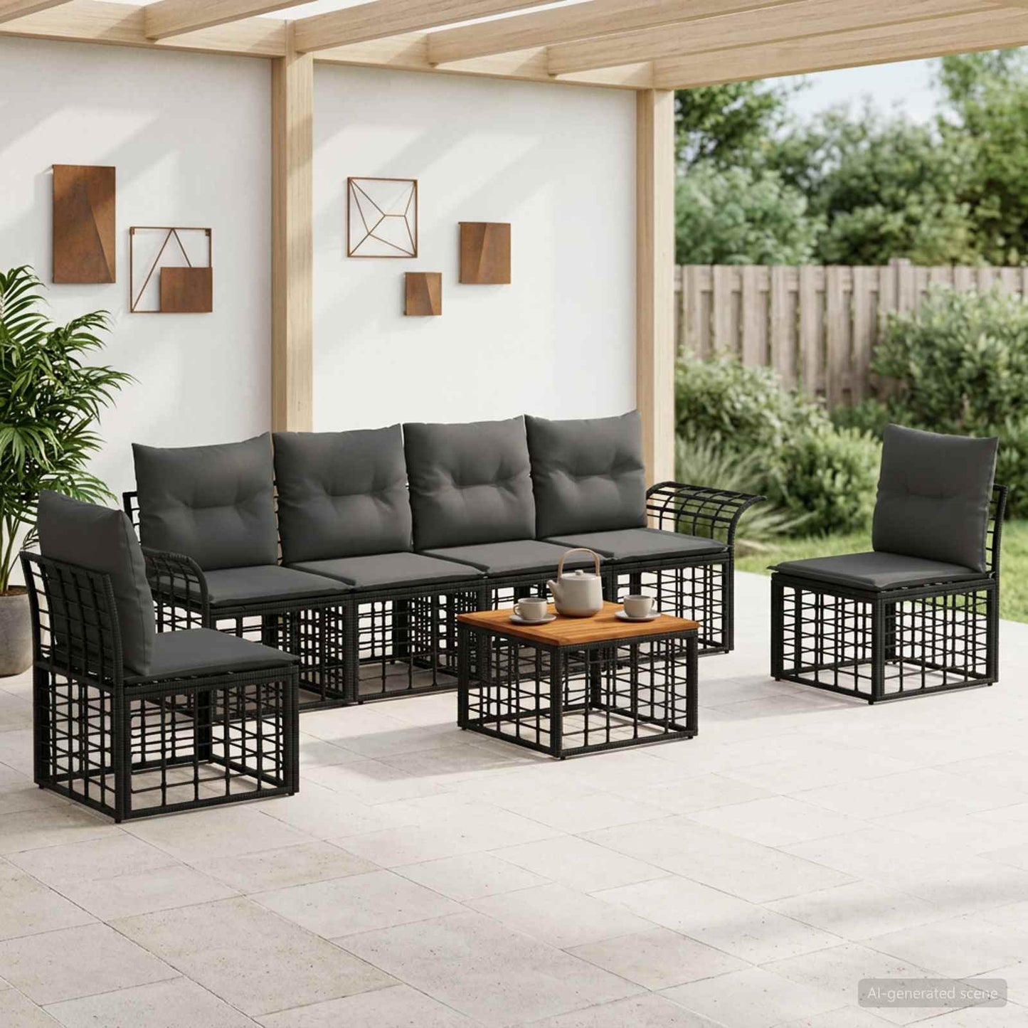 Outdoor-Sofagarnitur 7 stk. Schwarz und Dunkelgrau Polyester