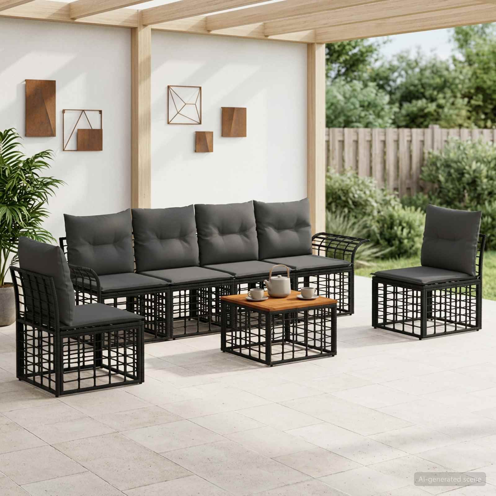 Outdoor-Sofagarnitur 7 stk. Schwarz und Dunkelgrau Polyester