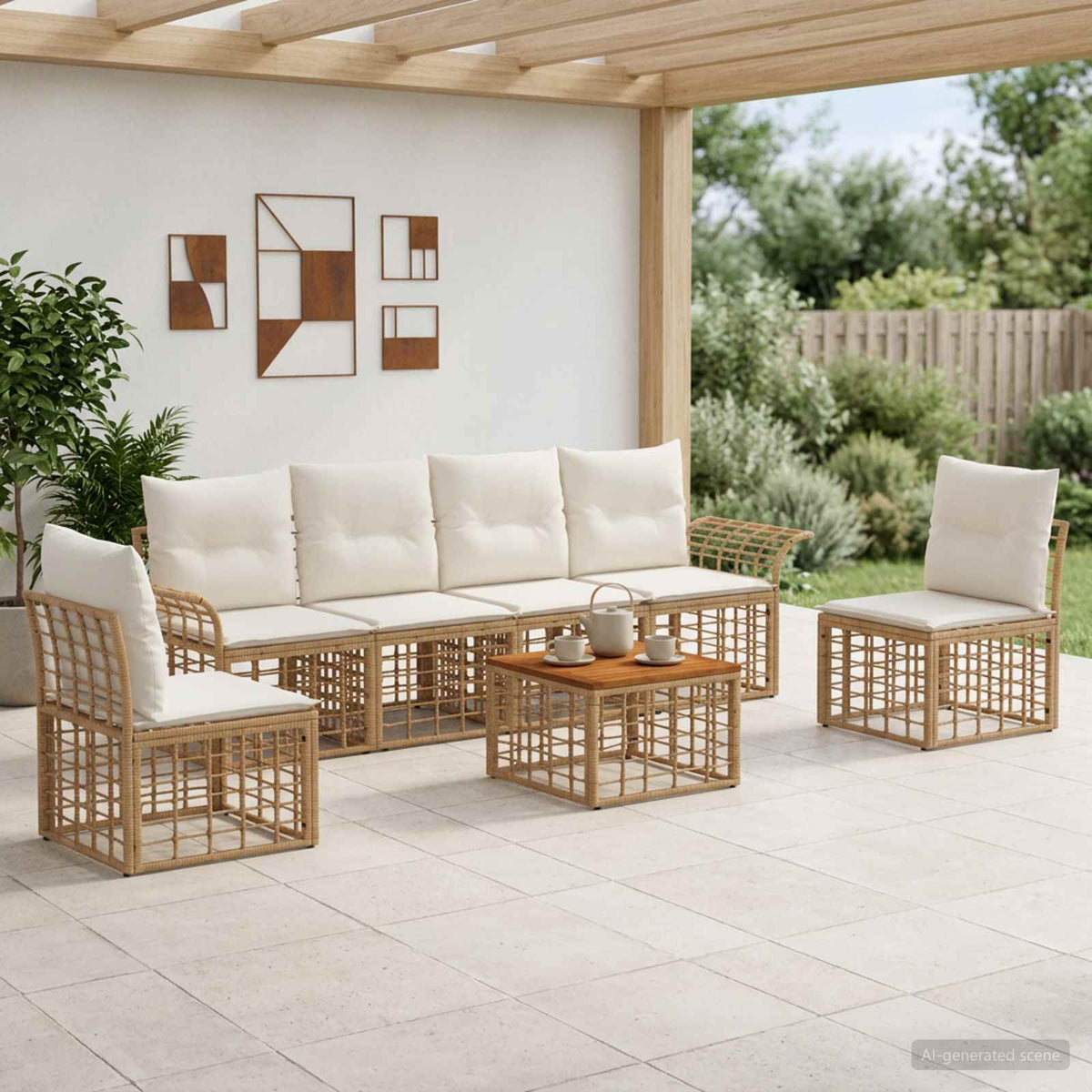 Outdoor-Sofagarnitur 7 stk. 6-Sitzer Natur und Cremeweiß