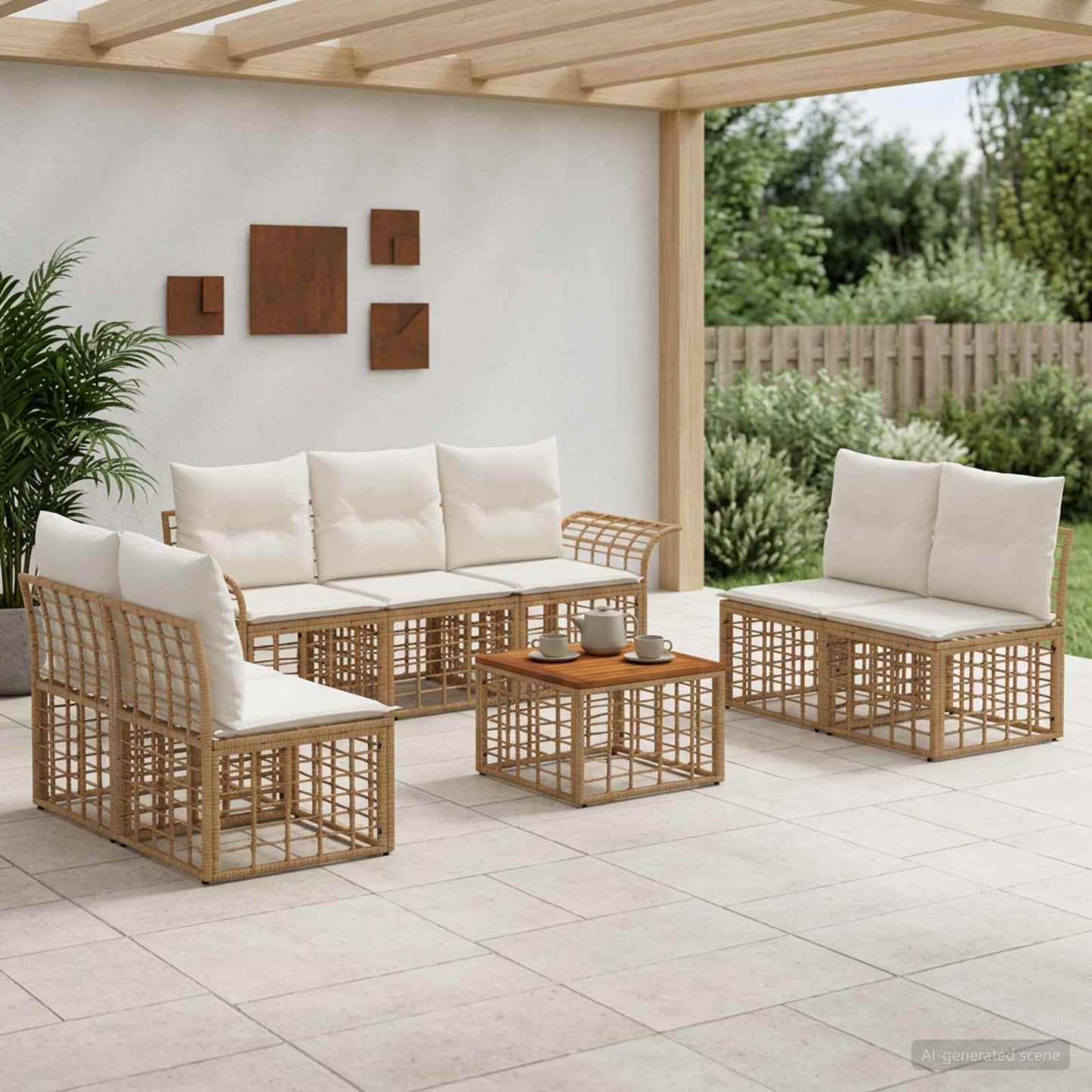 Outdoor-Sofagarnitur 8 pcs Natürlich und Cremweiß Polyester