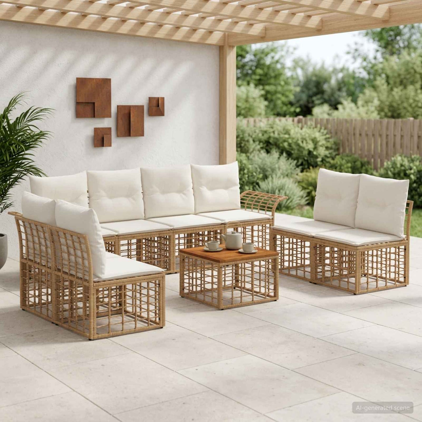 Outdoor-Sofagarnitur 9 pcs Natürlich und Cremweiß Polyester