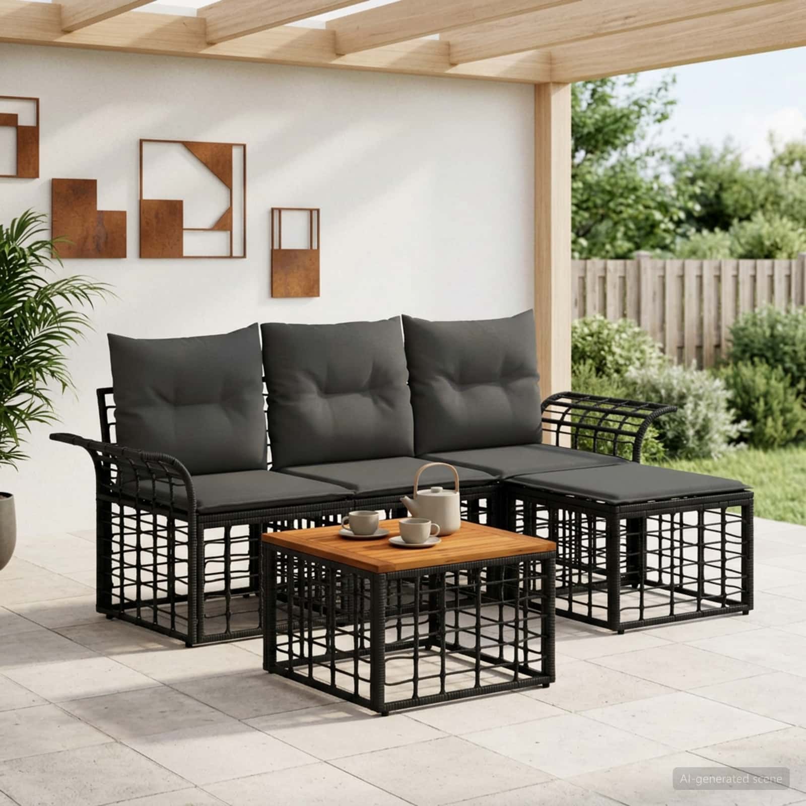 Outdoor-Sofagarnitur 5 stk. Schwarz und Dunkelgrau Polyester