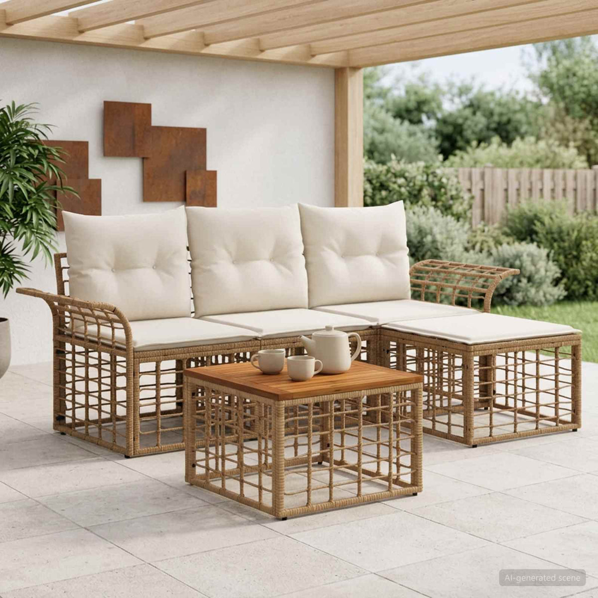 Outdoor-Sofagarnitur 5 stk. 4-Sitzer Natur und Cremeweiß