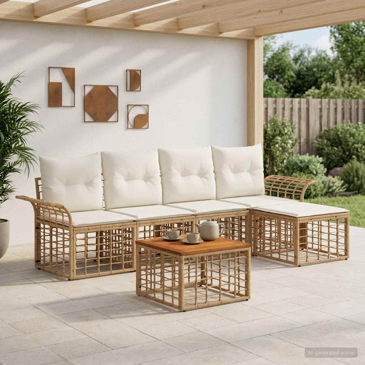 Outdoor-Sofagarnitur 6 stk. 5-Sitzer Natur und Cremeweiß