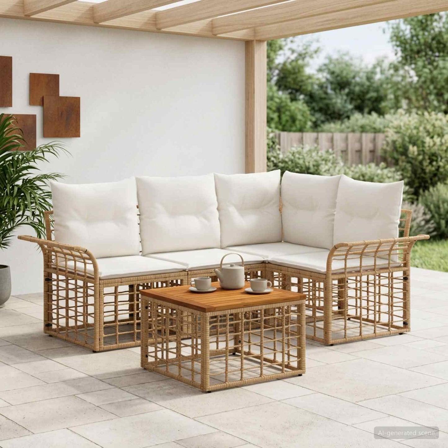 Outdoor-Sofagarnitur 5 pcs Natürlich und Cremweiß Polyester