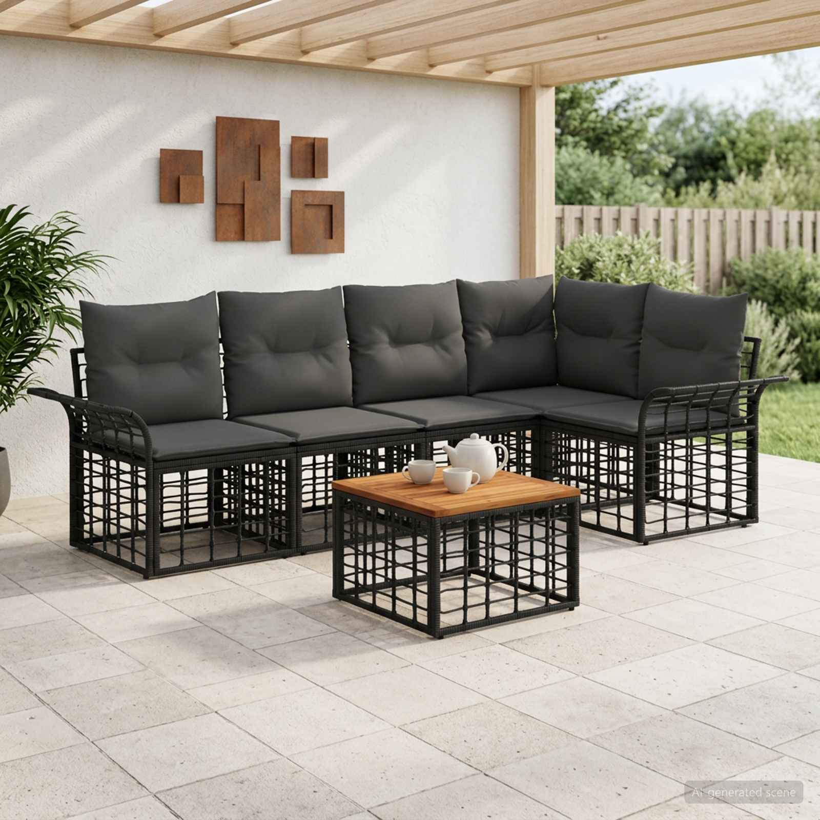 Outdoor-Sofagarnitur 6 stk. Schwarz und Dunkelgrau Polyester