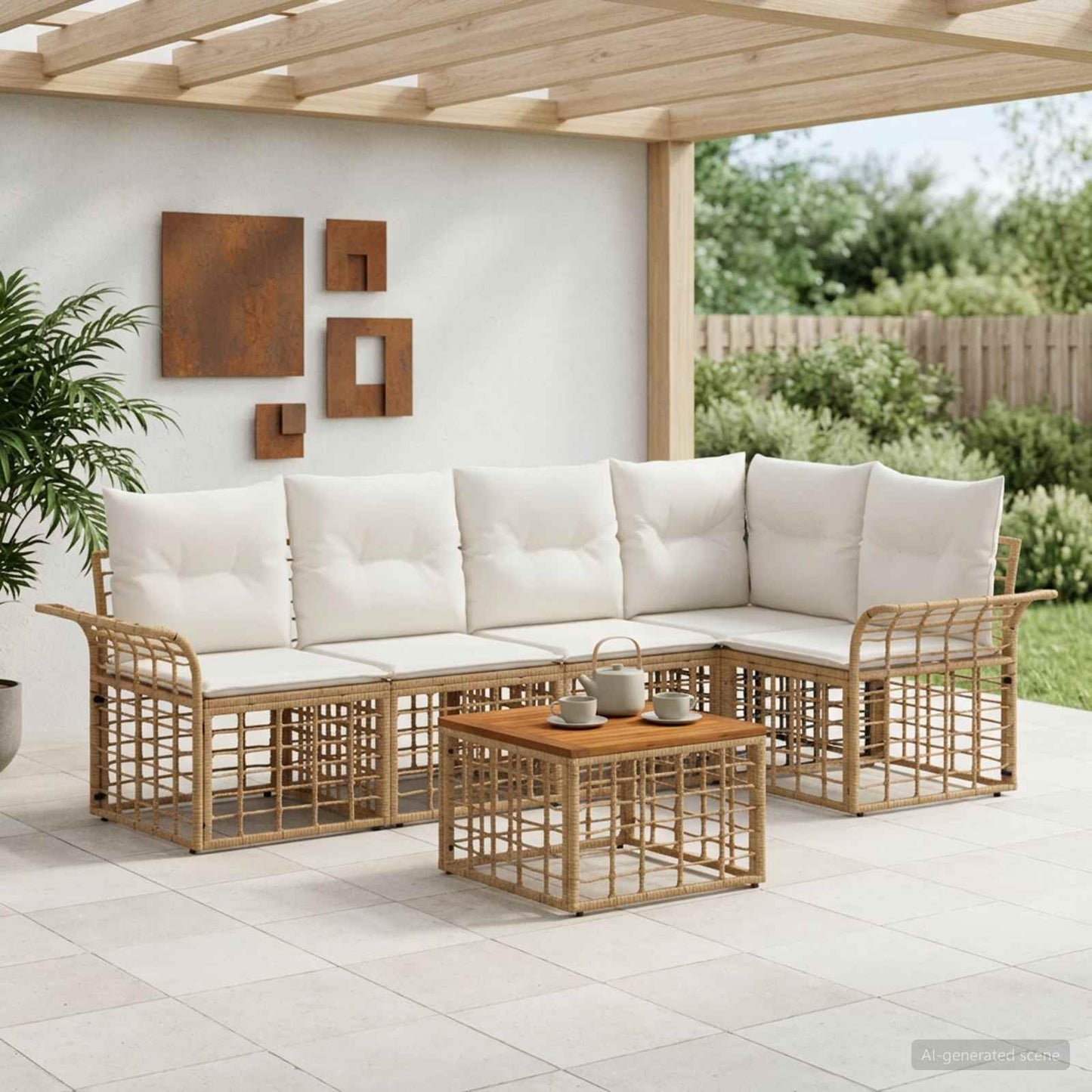 Outdoor-Sofagarnitur 6 pcs Natürlich und Cremweiß Polyester