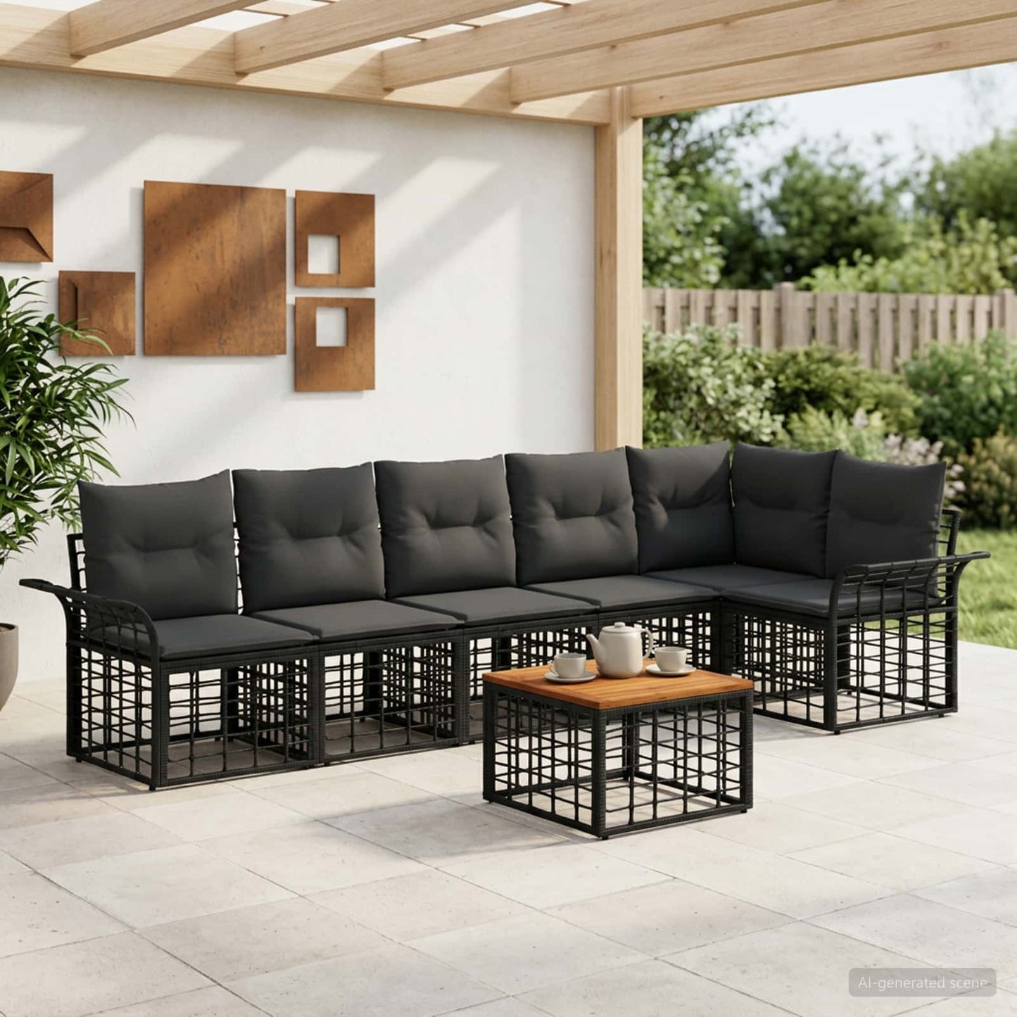 Outdoor-Sofagarnitur 7 stk. Schwarz und Dunkelgrau Polyester