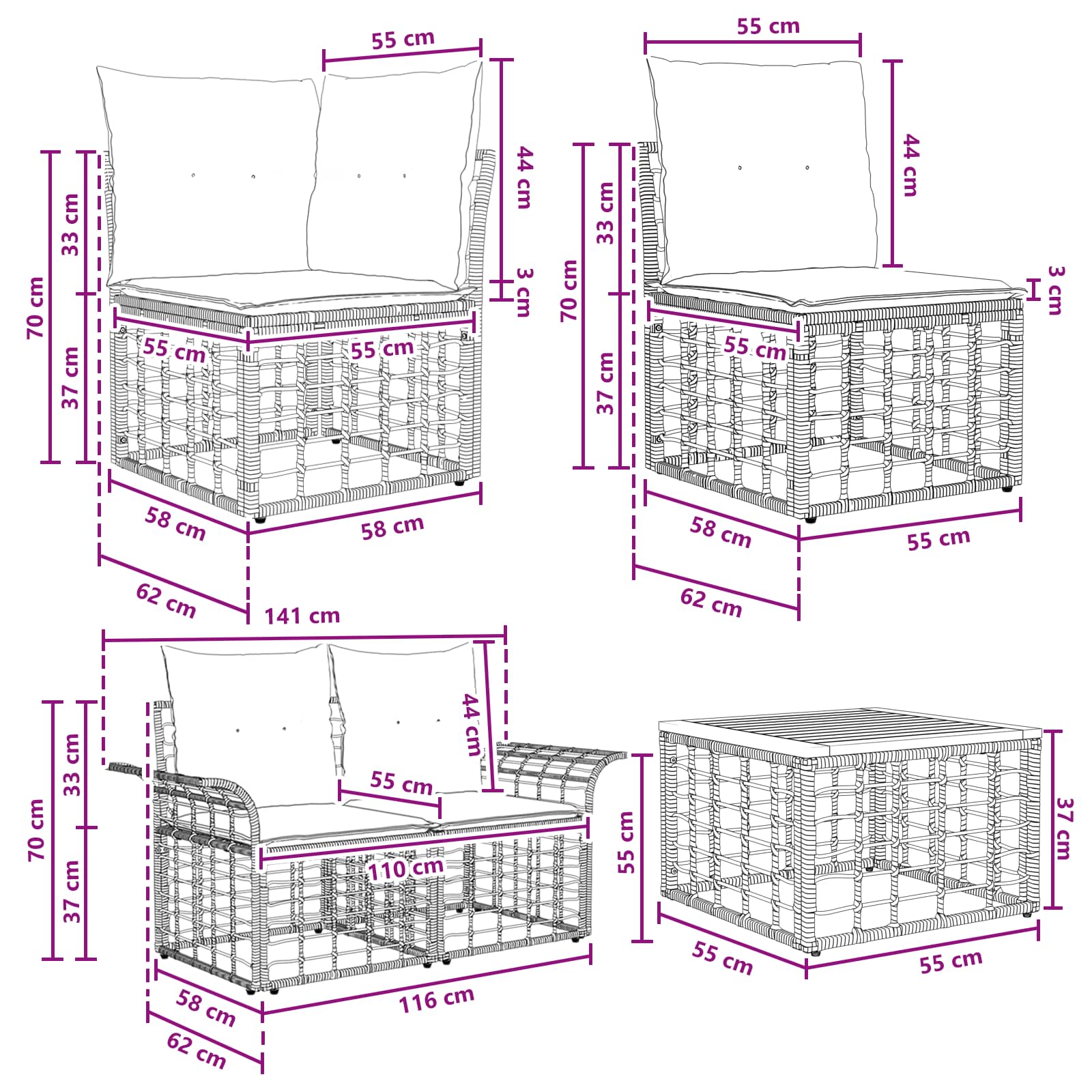 Outdoor-Sofagarnitur 7 stk. Schwarz und Dunkelgrau Polyester