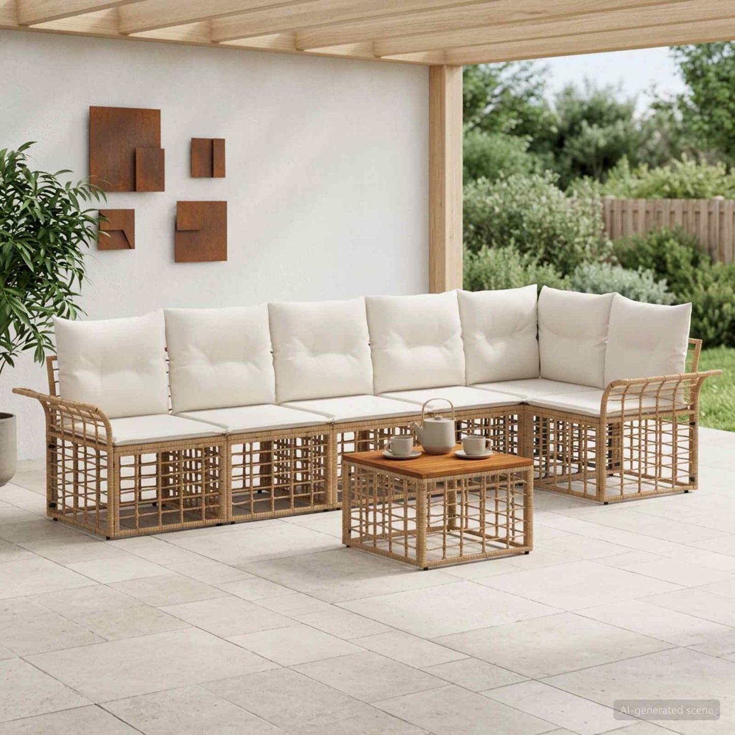 Outdoor-Sofagarnitur 7 pcs Natürlich und Cremweiß Polyester