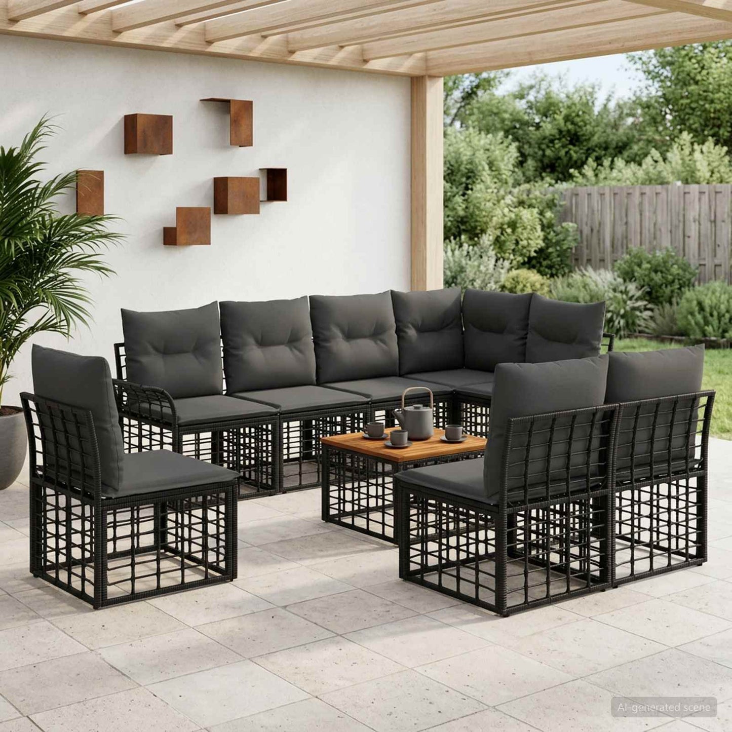 Outdoor-Sofagarnitur 9 stk. Schwarz und Dunkelgrau Polyester