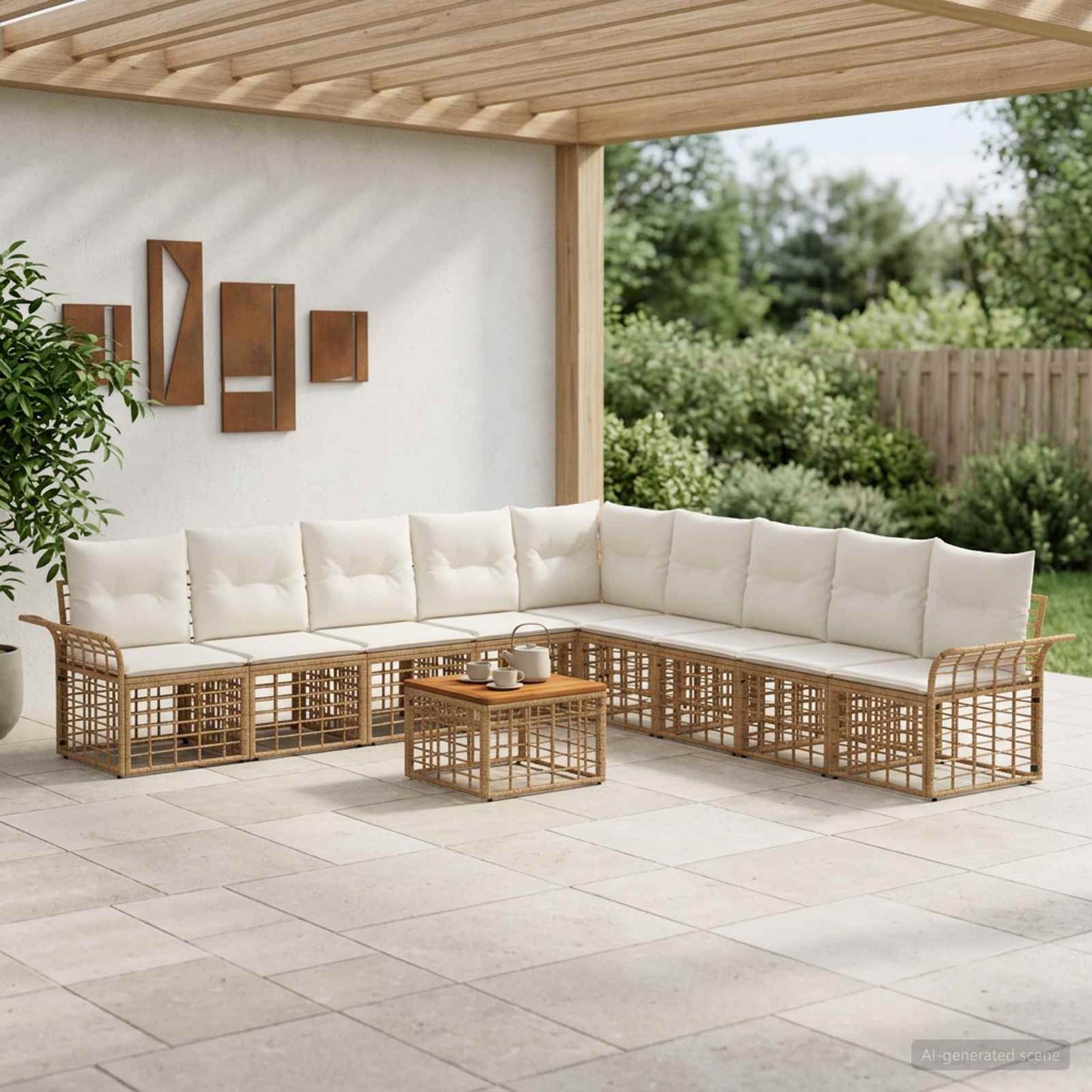 Outdoor-Sofagarnitur 10 pcs Natürlich und Cremweiß Polyester