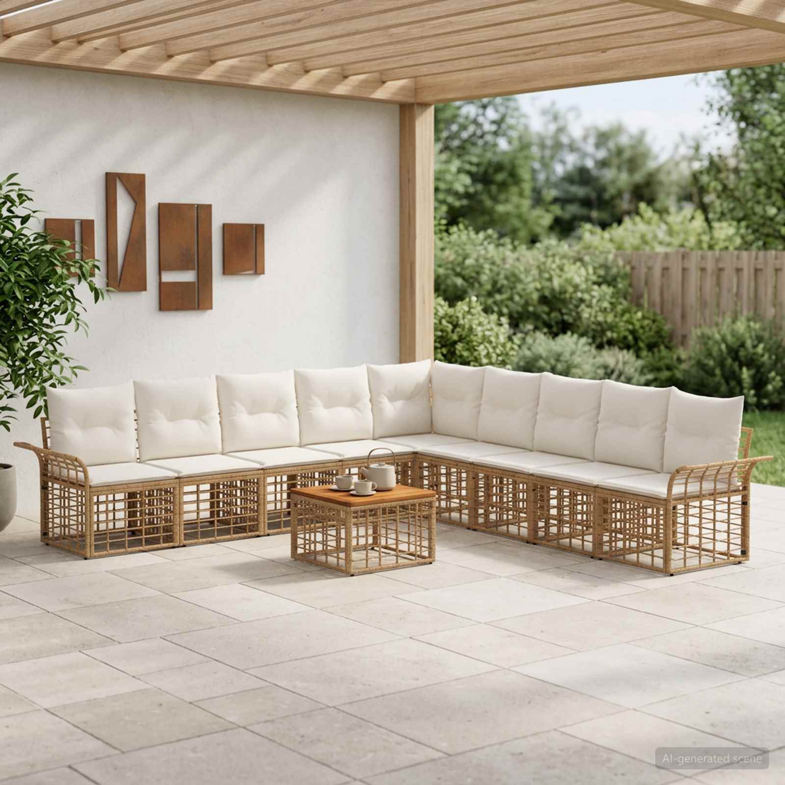 Outdoor-Sofagarnitur 10 pcs Natürlich und Cremweiß Polyester