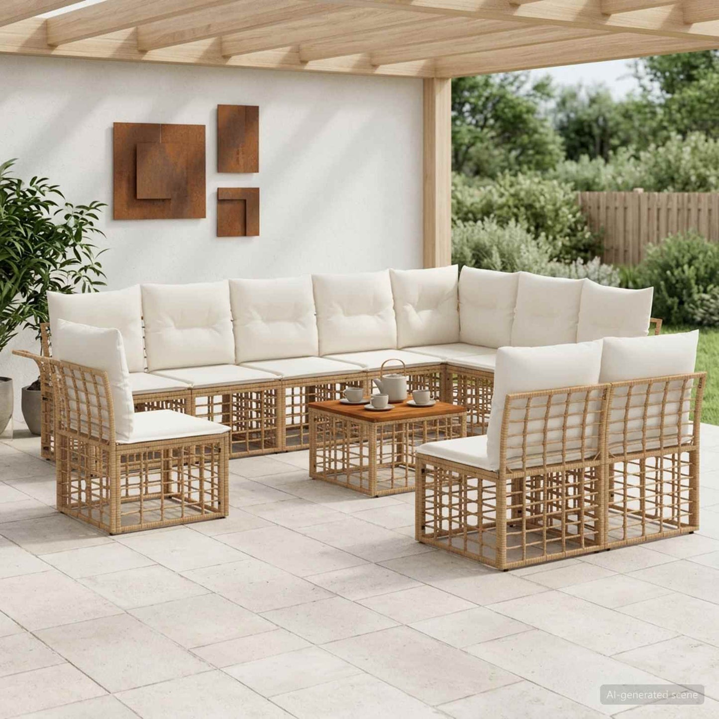 Outdoor-Sofagarnitur 11 pcs Natürlich und Cremweiß Polyester