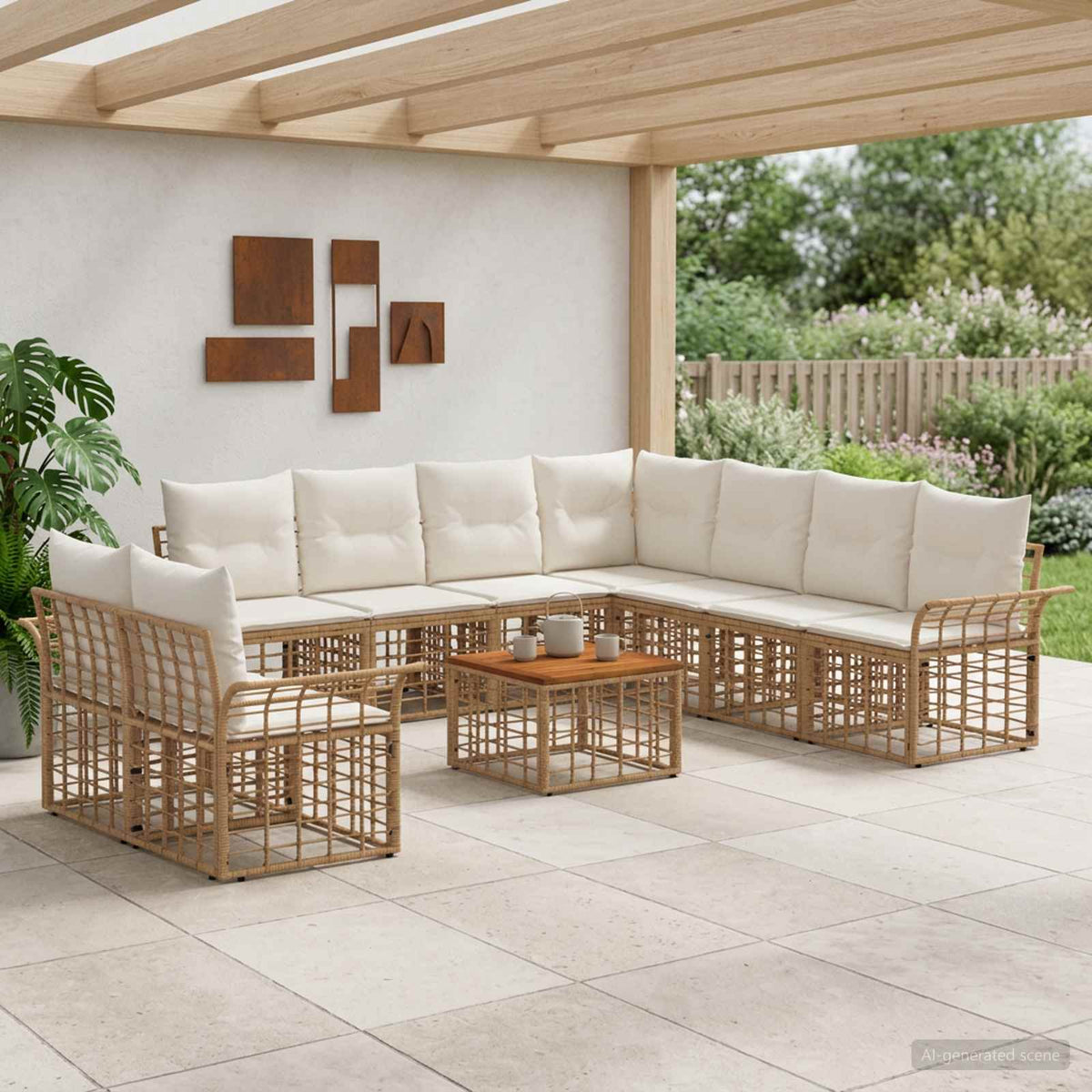 Outdoor-Sofagarnitur 10 stk. 9-Sitzer Natur und Cremeweiß