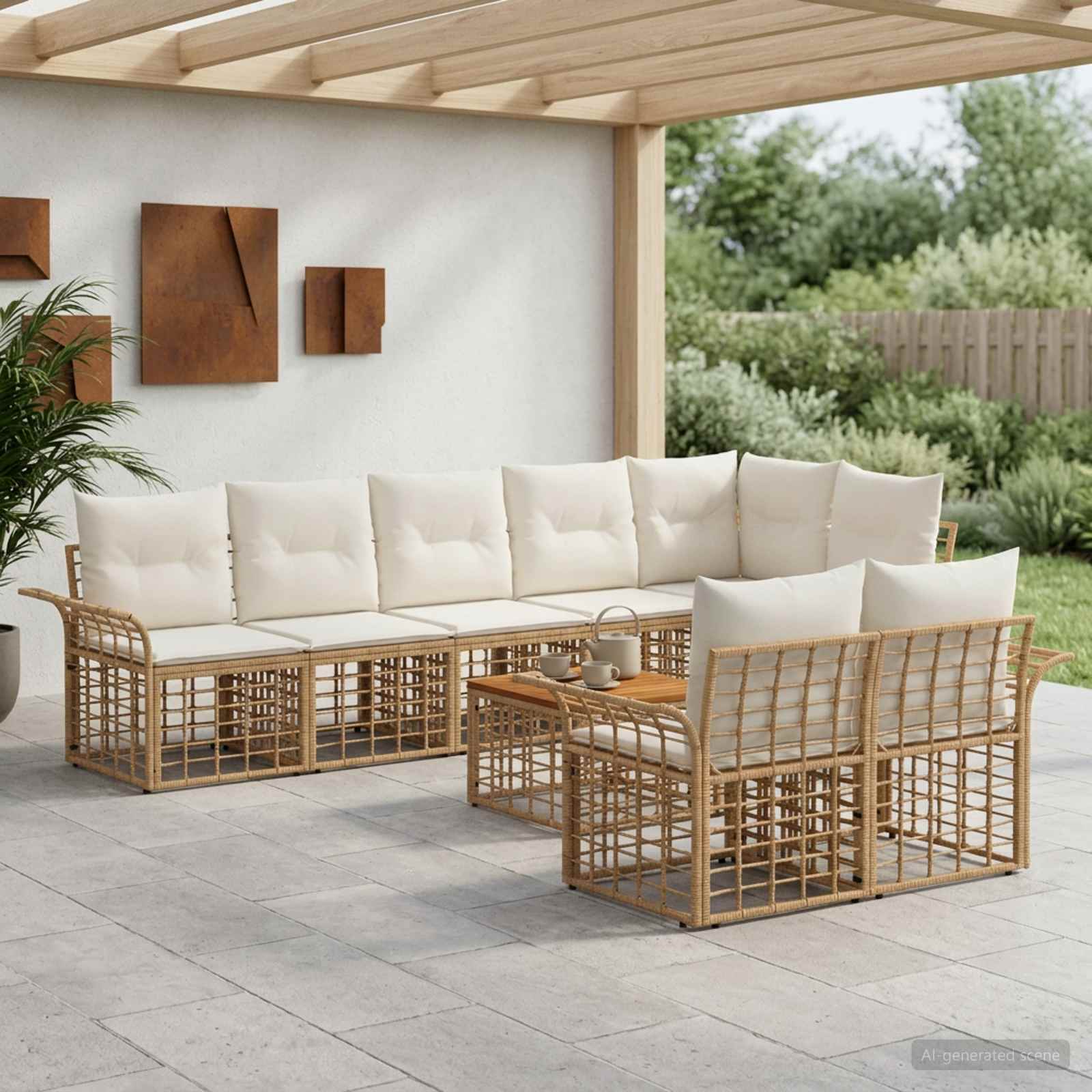 Outdoor-Sofagarnitur 9 pcs Natürlich und Cremweiß Poly-Rattan