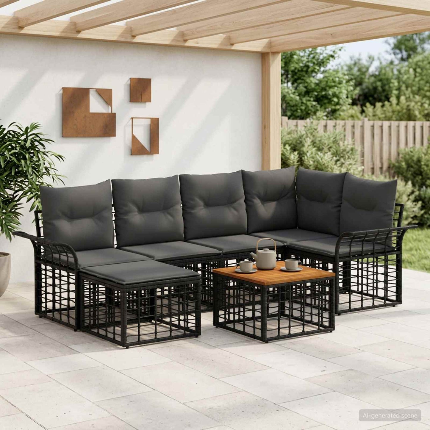 Outdoor-Sofagarnitur 7 stk. Schwarz und Dunkelgrau Polyester