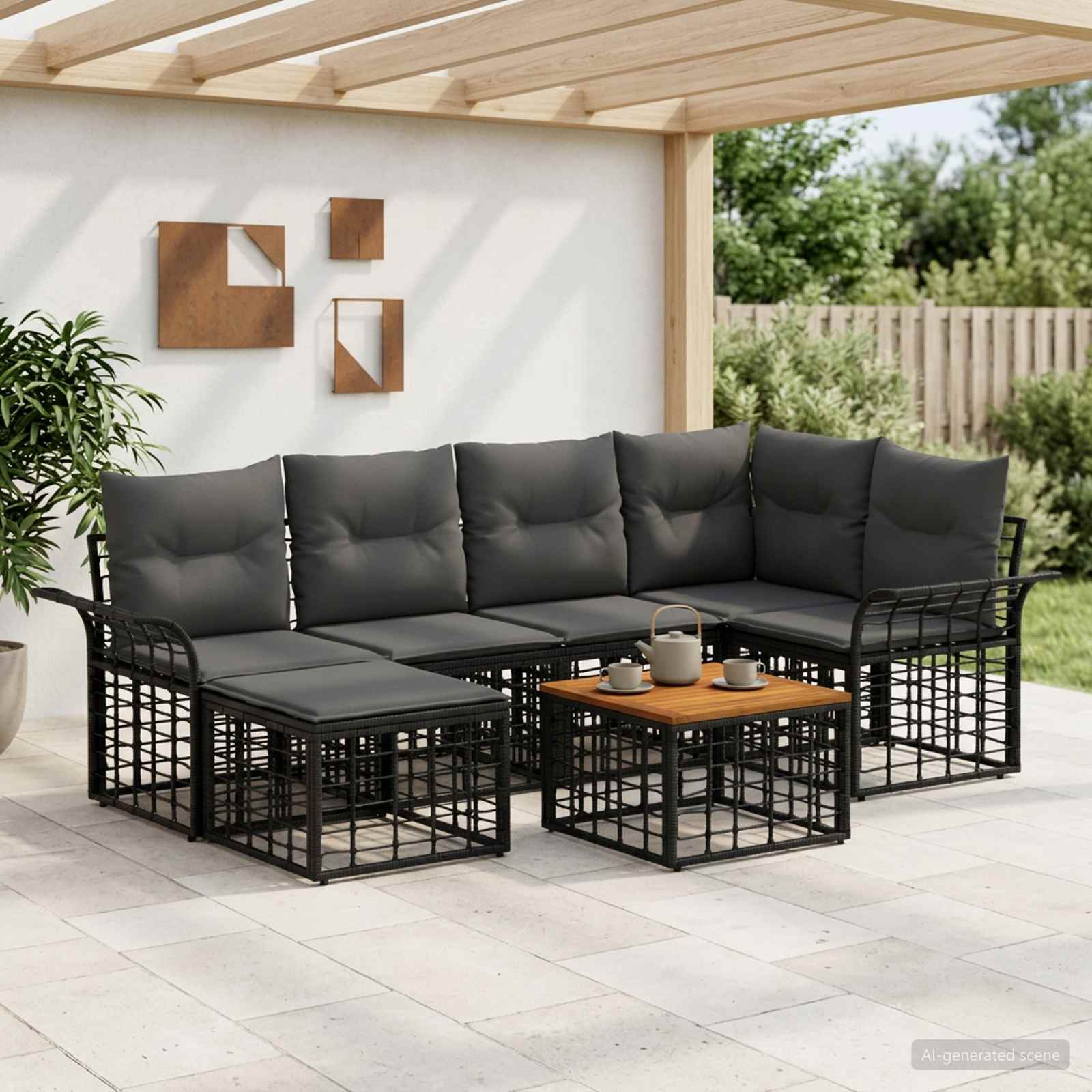 Outdoor-Sofagarnitur 7 stk. Schwarz und Dunkelgrau Polyester