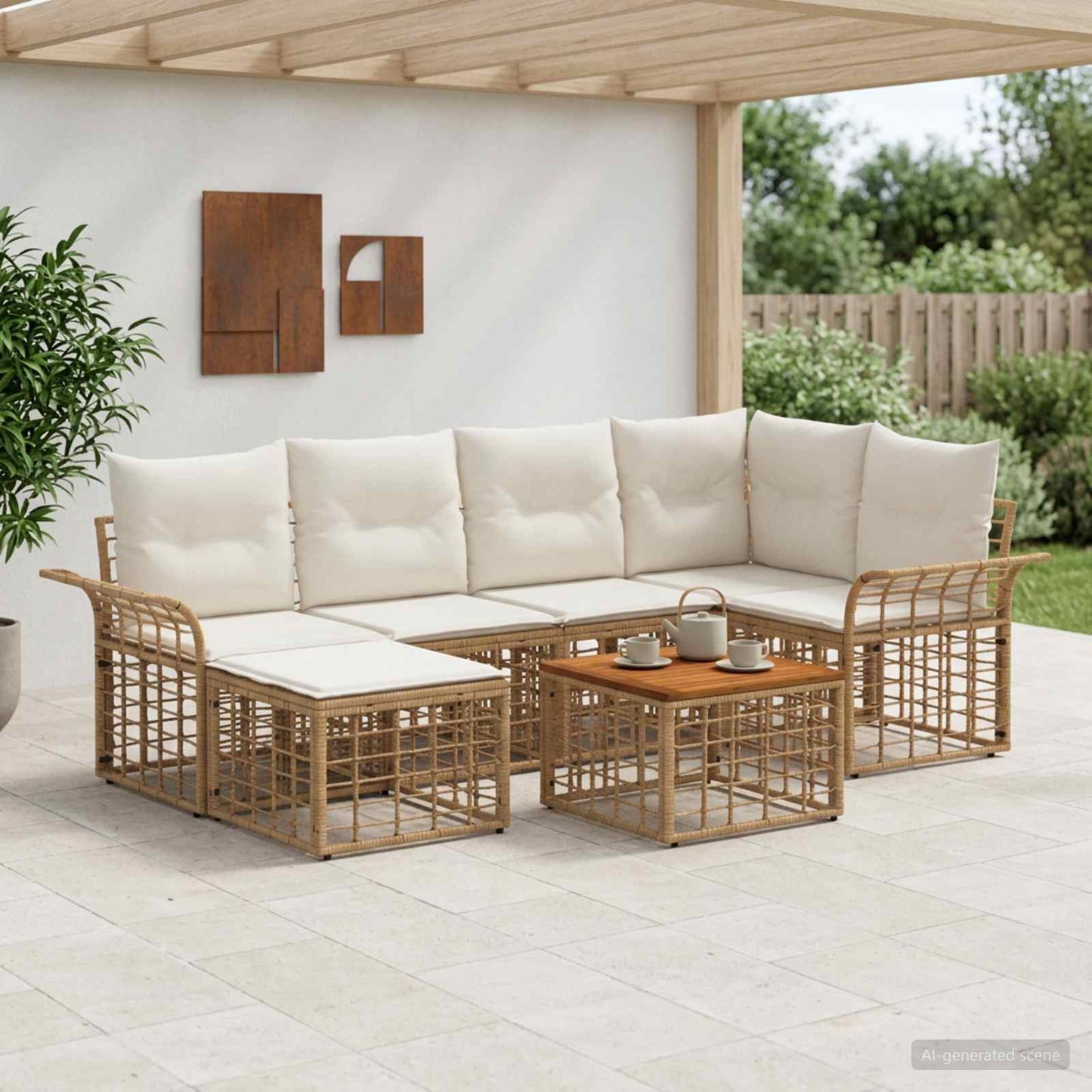 Outdoor-Sofagarnitur 7 pcs Natürlich und Cremweiß Polyester