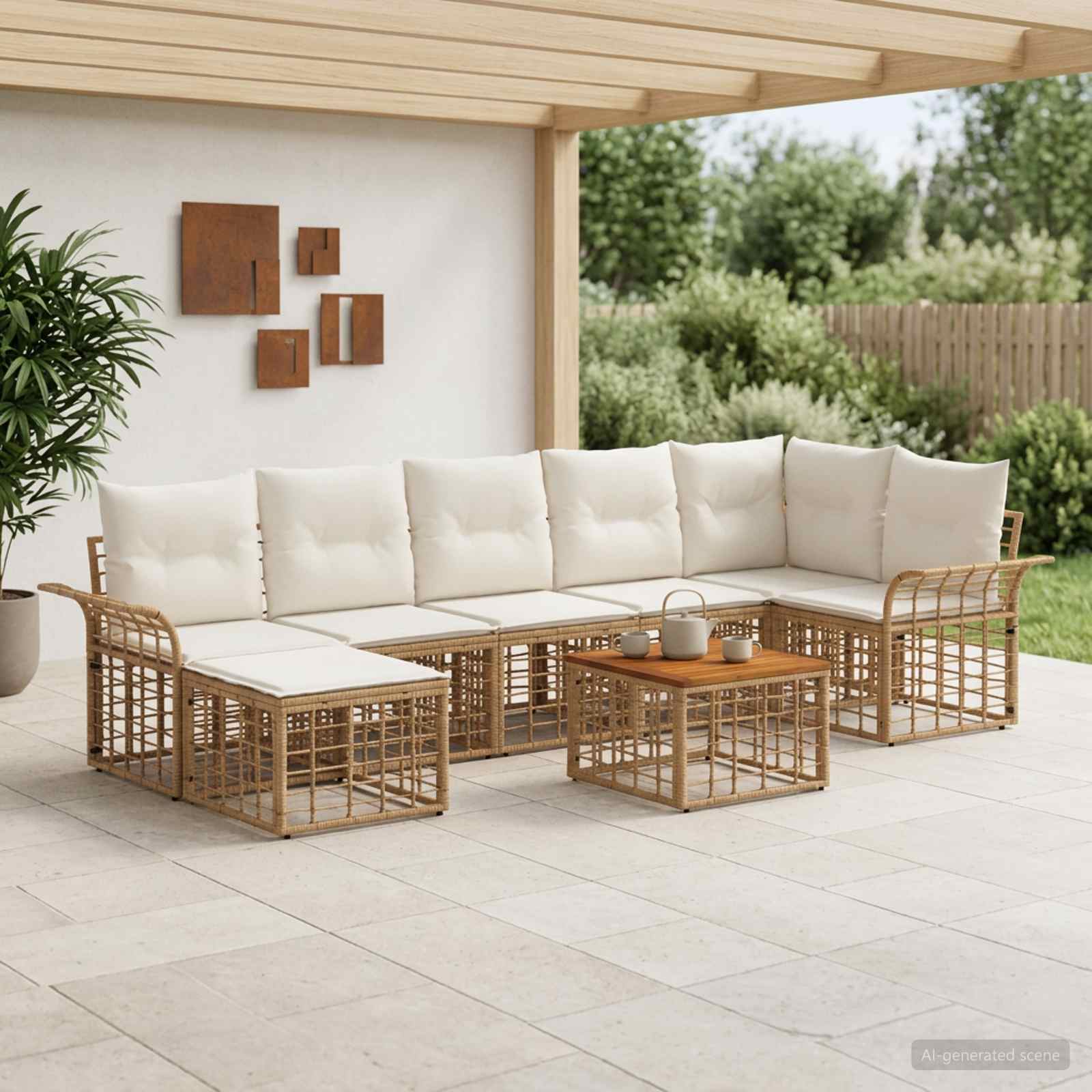 Outdoor-Sofagarnitur 8 pcs Natürlich und Cremweiß Polyester