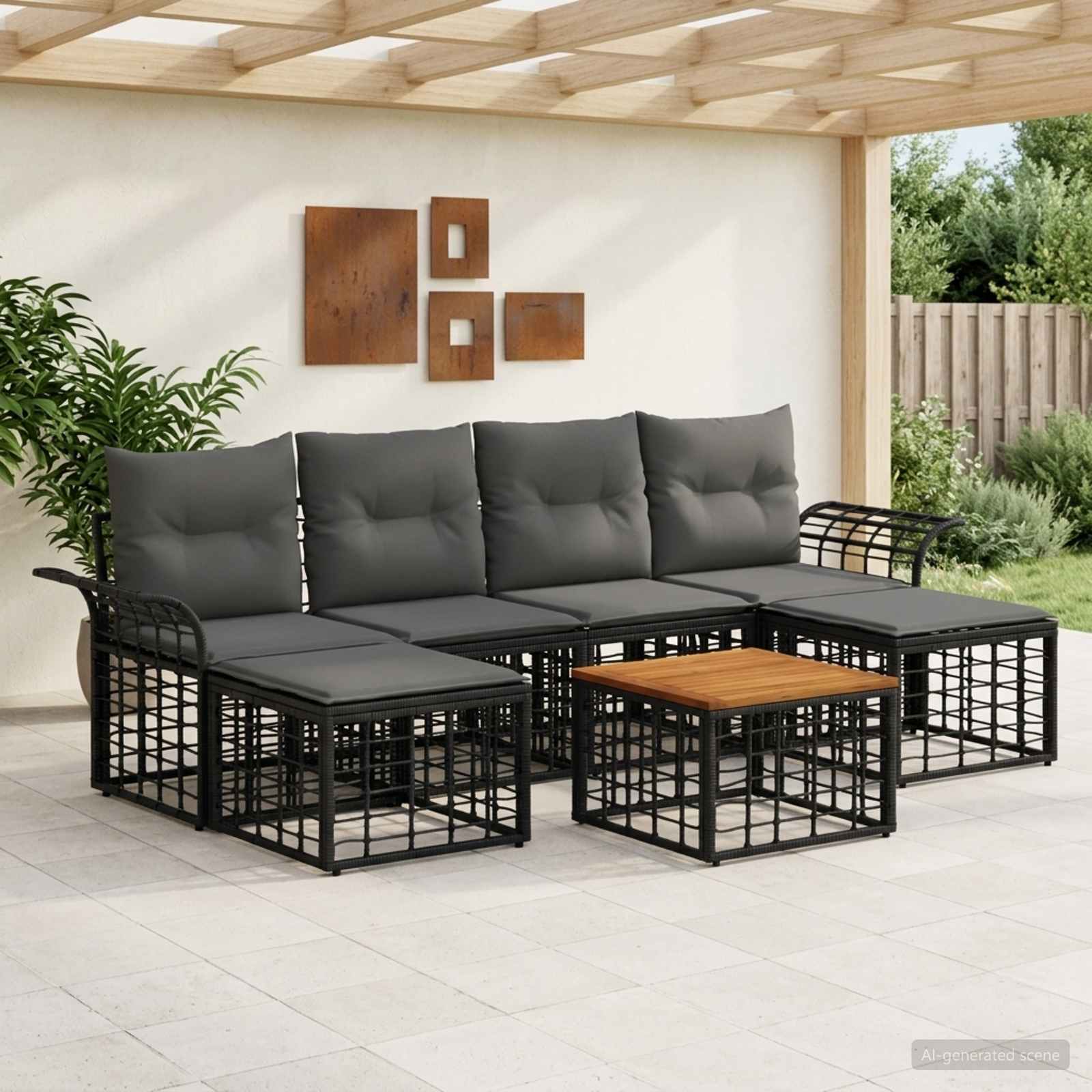 Outdoor-Sofagarnitur 7 pcs Schwarz und Dunkelgrau Polyester