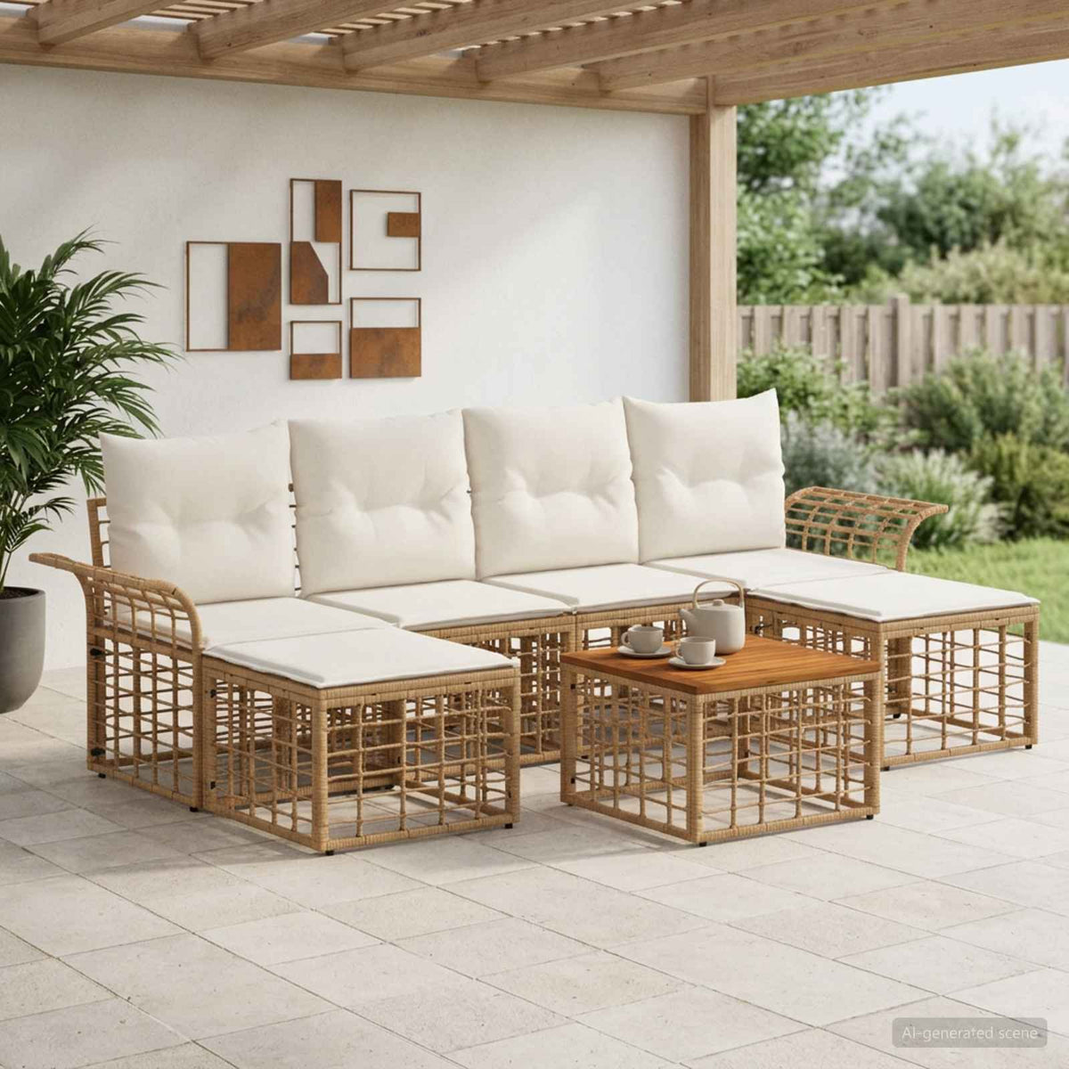 Outdoor-Sofagarnitur 7 stk. 6-Sitzer Natur und Cremeweiß