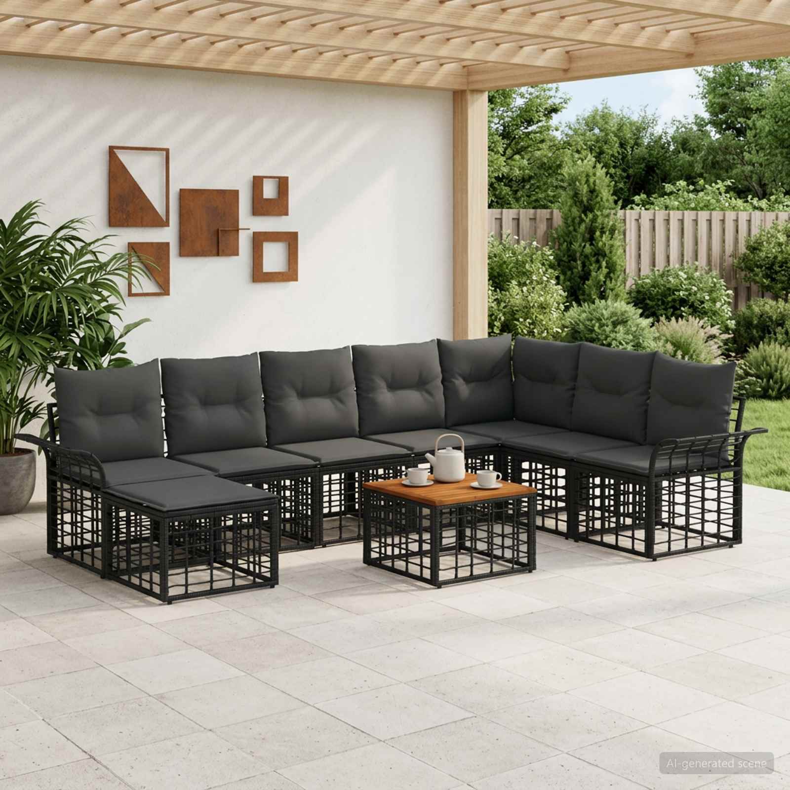 Outdoor-Sofagarnitur 9 stk. Schwarz und Dunkelgrau Polyester