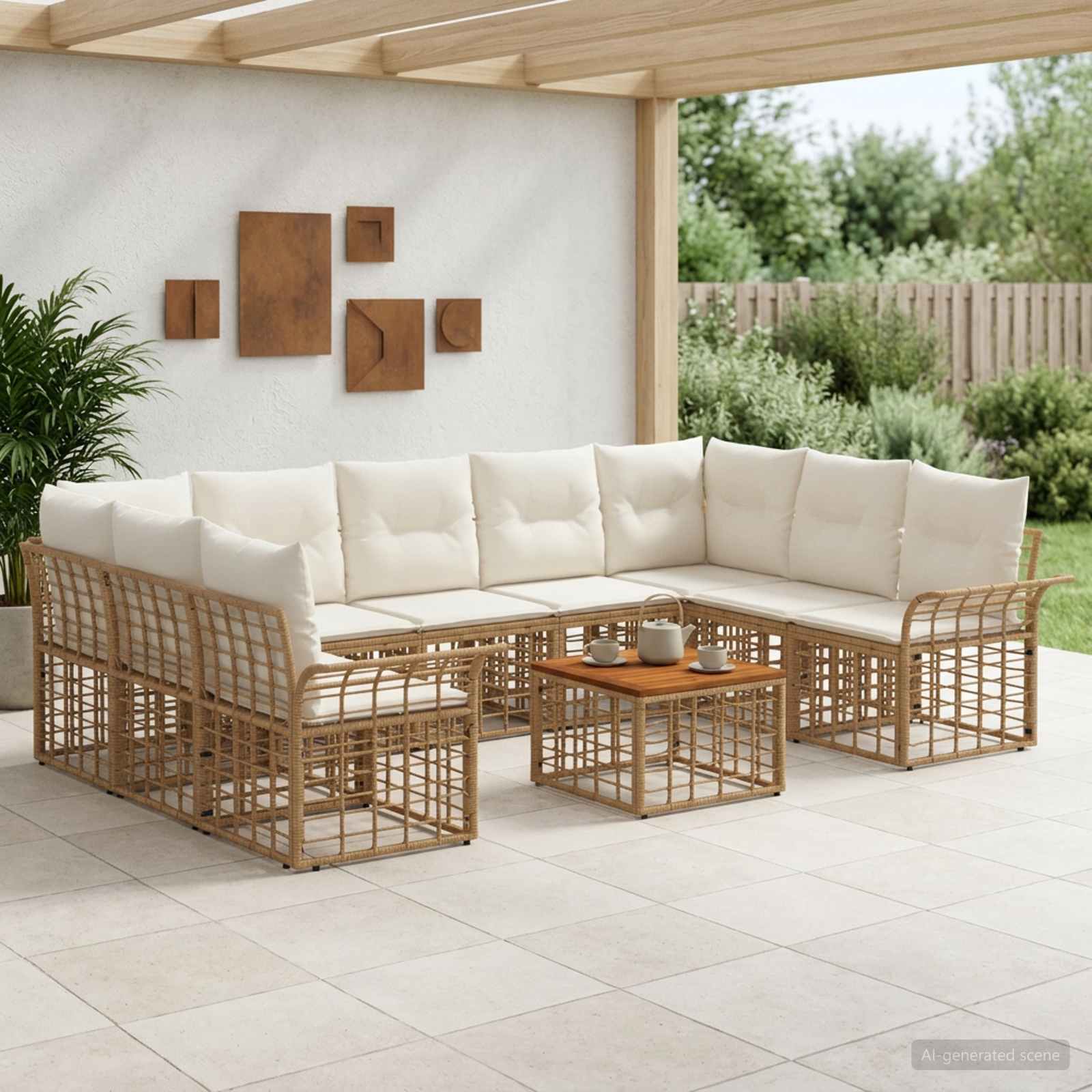 Outdoor-Sofagarnitur 10 pcs Natürlich und Cremweiß Polyester