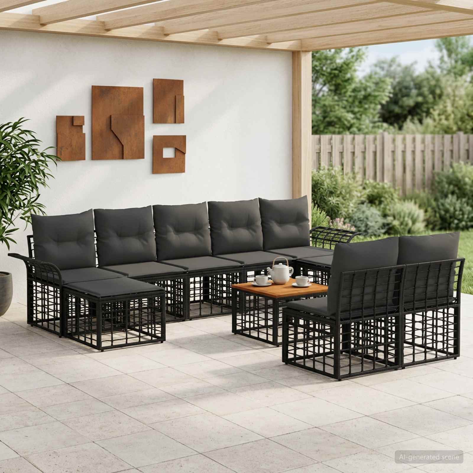 Outdoor-Sofagarnitur 10 pcs Schwarz und Dunkelgrau Polyester