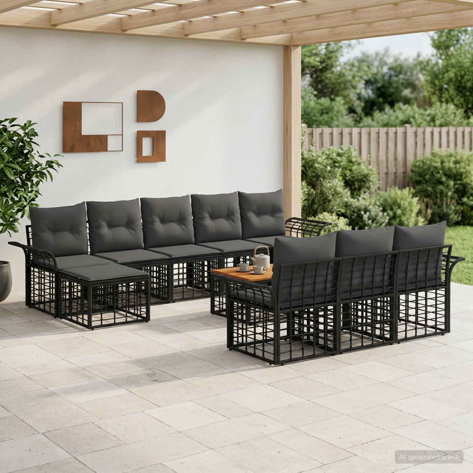 Outdoor-Sofagarnitur 11 stk. Schwarz und Dunkelgrau Polyester