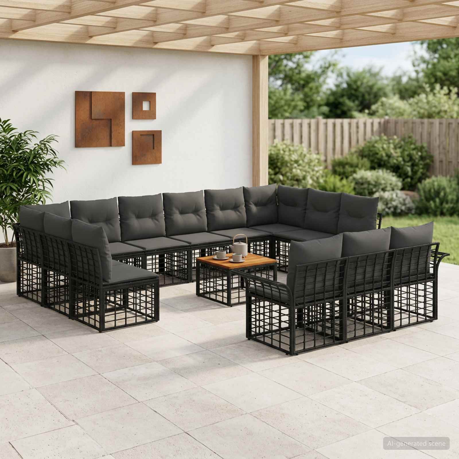 Outdoor-Sofagarnitur 14 pcs Schwarz und Dunkelgrau Polyester