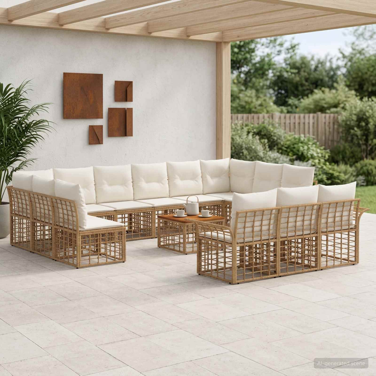 Outdoor-Sofagarnitur 14 pcs Natürlich und Cremweiß Polyester
