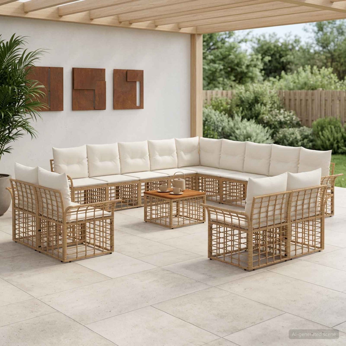 Outdoor-Sofagarnitur 14 pcs Natürlich und Cremweiß Polyester