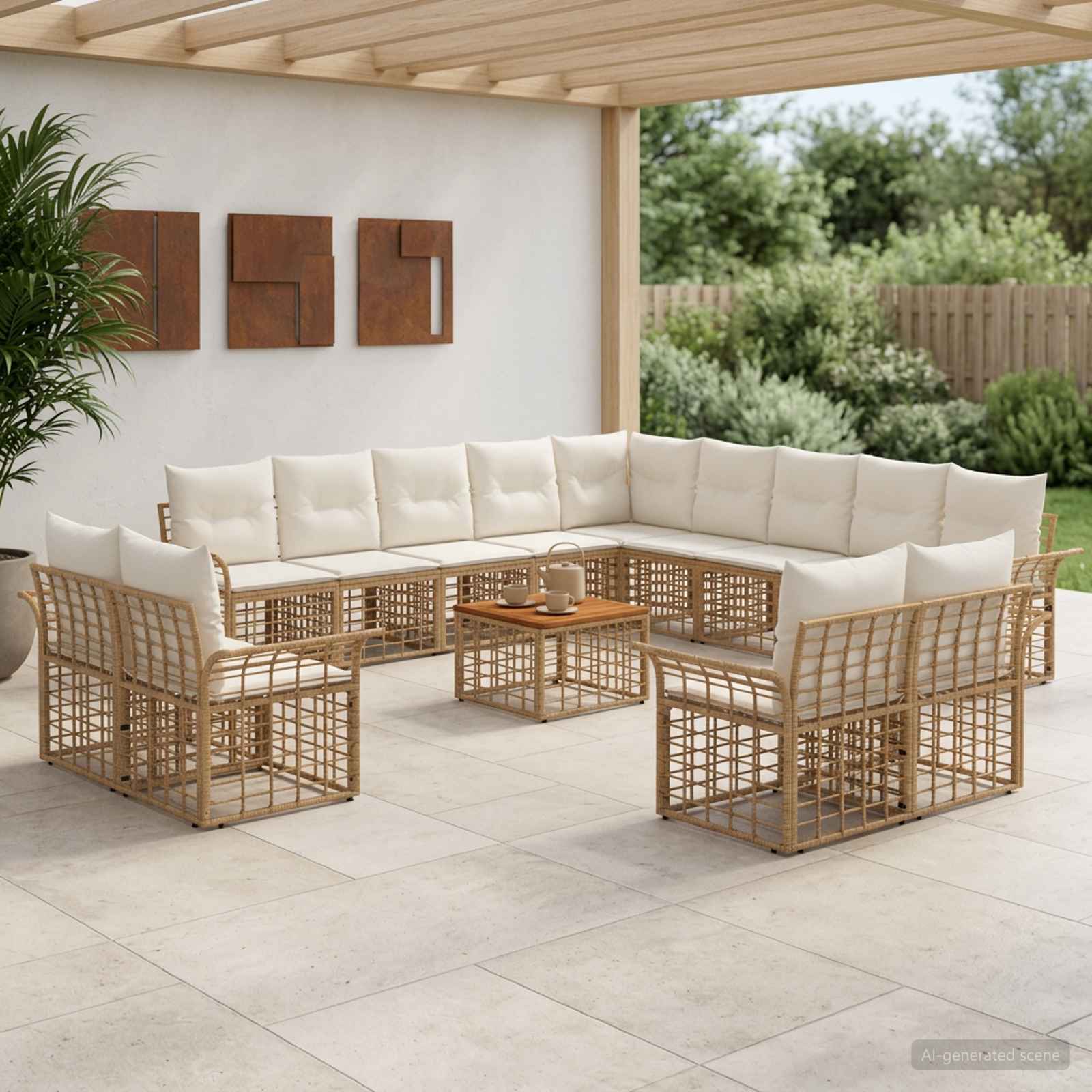 Outdoor-Sofagarnitur 14 pcs Natürlich und Cremweiß Polyester