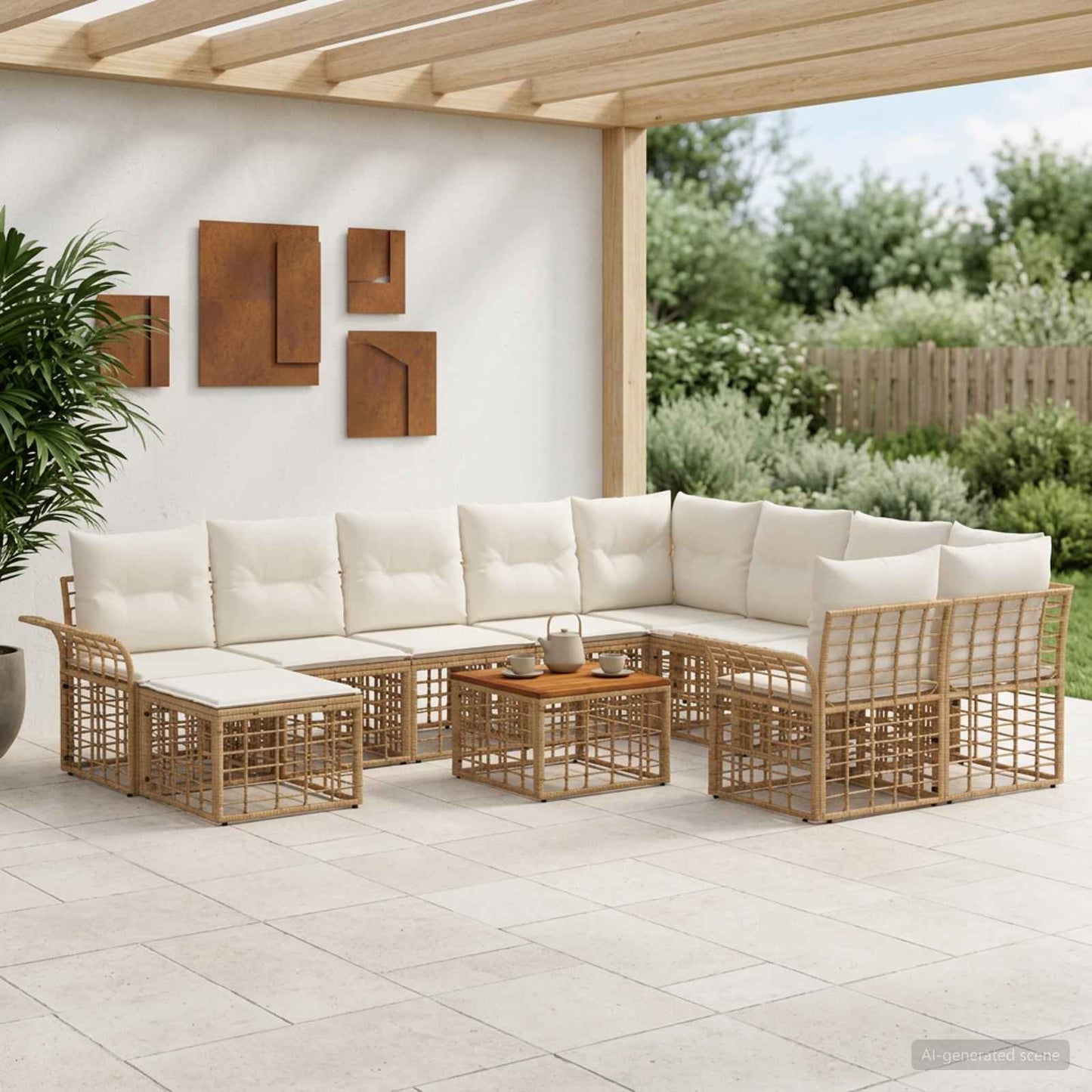 Outdoor-Sofagarnitur 11 stk. Natürlich und Cremweiß Poly-Rattan
