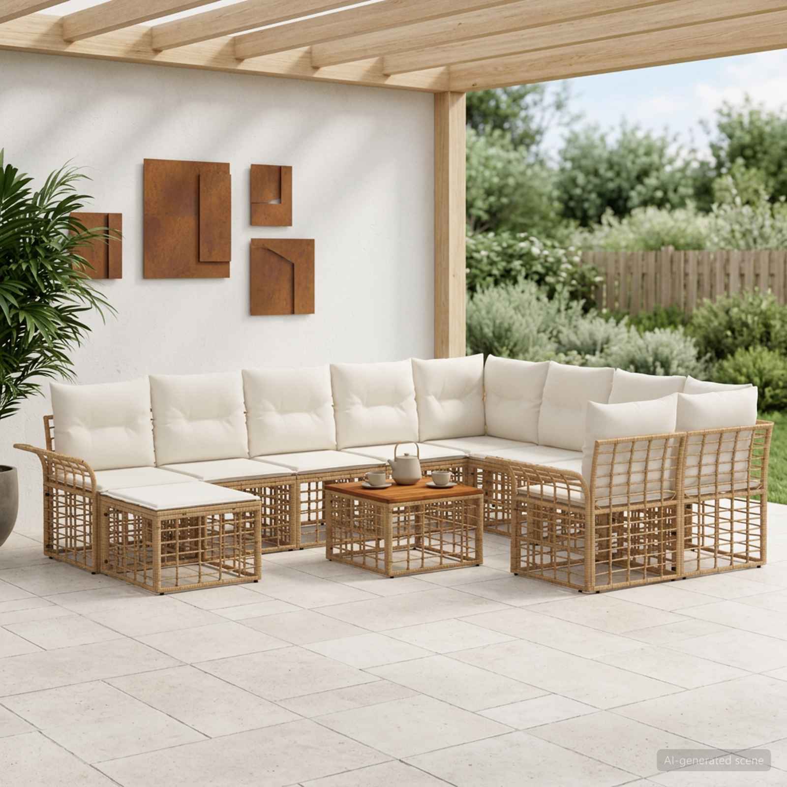 Outdoor-Sofagarnitur 11 stk. Natürlich und Cremweiß Poly-Rattan