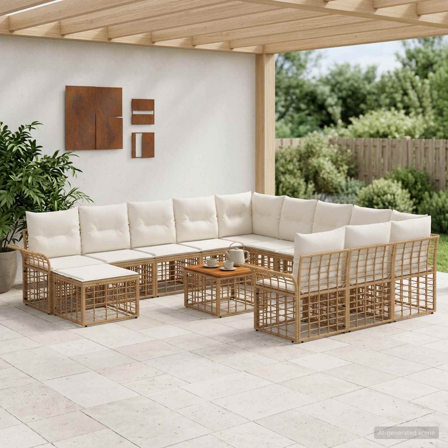 Gartensofa-set 13 pcs Natürlich und Cremweiß Poly-Rattan
