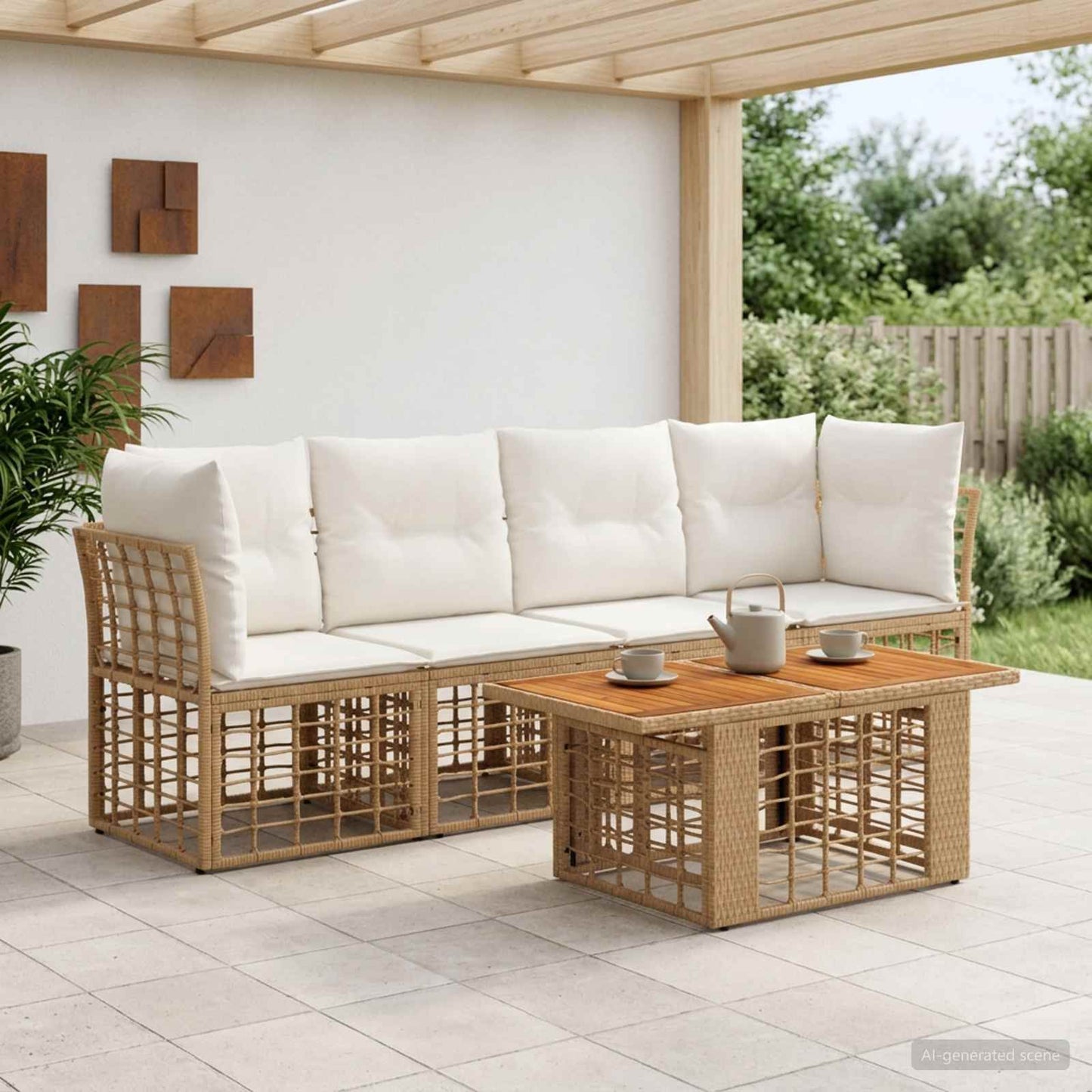 Gartensofa-set 5 stk. Natürlich und Cremweiß Poly-Rattan