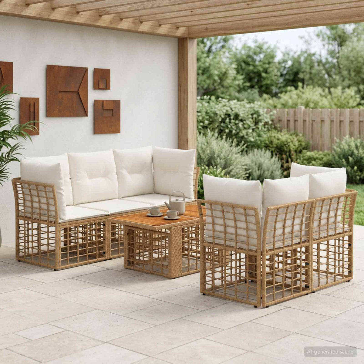 Gartensofa-set 6 stk. Natürlich und Cremweiß Poly-Rattan